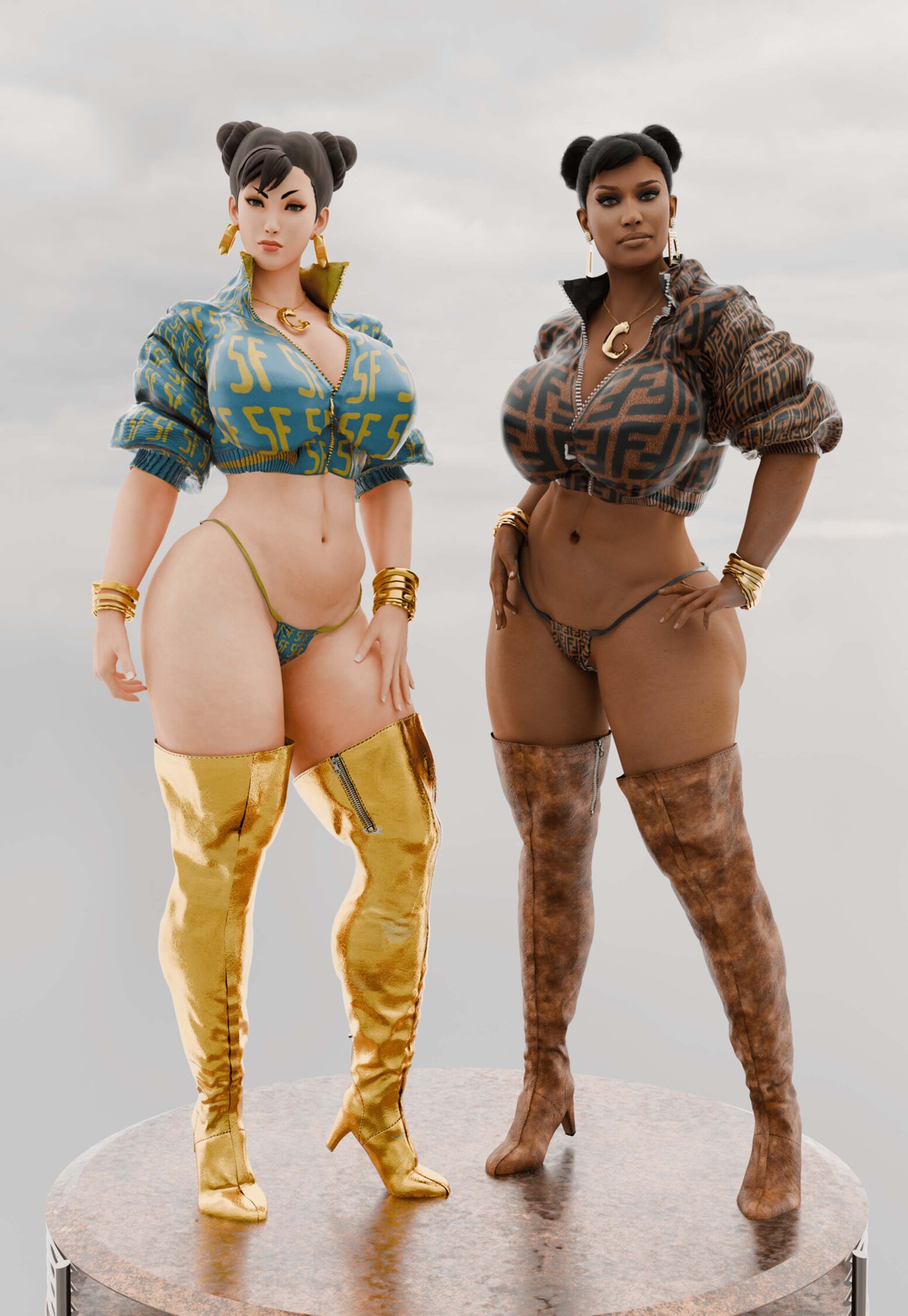 3d, abs, ass, beauty mark, bimbo, bolt on tits, boots, breast implants, breasts, brown boots, capcom, chun-li, chun-li (cosplay), chun-li (cover girl), cleavage, clothing, cosplay, dark skin, dark-skinned female, daz studio, daz3d, earrings, enhanced breasts, eyeshadow, fake breasts, female, female only, high heel boots, hoop earrings, huge ass, huge breasts, human, lion18182, lipstick, looking at viewer, makeup, muscular, muscular female, nicki minaj, panties, parody, rings, silicone, silicone implants, slightly chubby, solo, spiked bracelet, street fighter, thick thighs, thigh boots, thong, underwear, venus body, wide hips, yellow boots