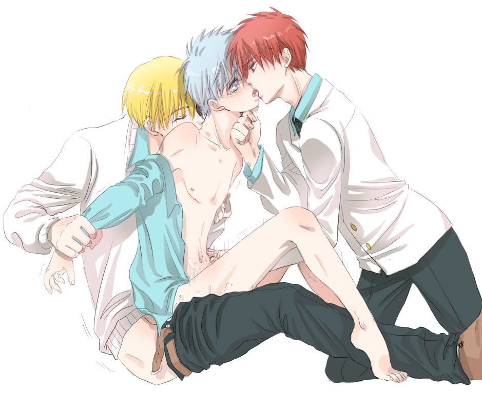 3boys akashi_seijuurou anal blonde_hair blue_eyes blue_hair blush bottomless boy_rape closed_eyes crying cum forced forced_yaoi from_behind gay group_sex handjob kise_ryouta kissing kuroko_no_basuke kuroko_tetsuya male male_only malesub multiple_boys nippleplay nipples on_lap rape red_eyes sex tear threesome two_on_one uniform yaoi yellow_eyes