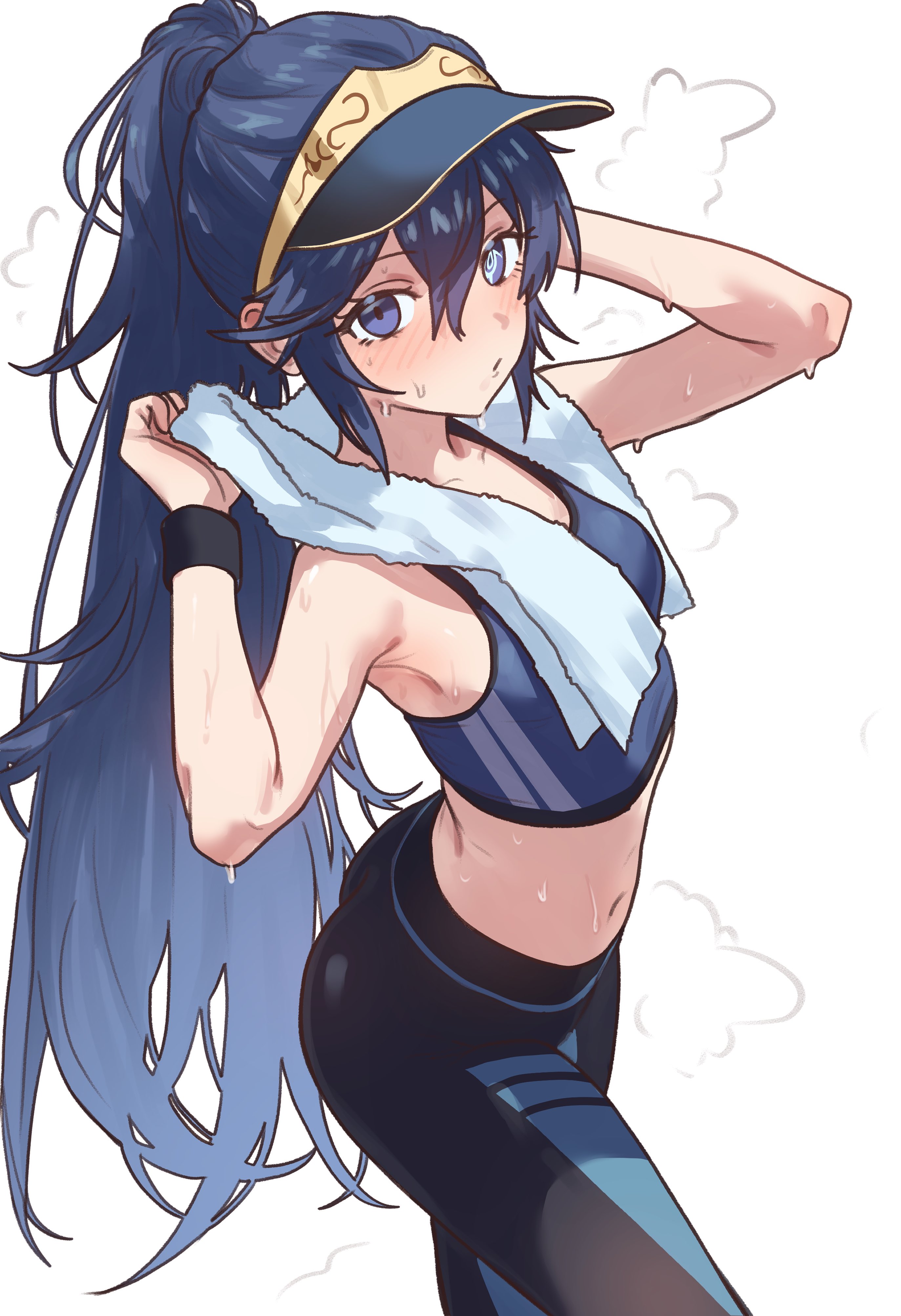 1girls, belly, blue hair, ebora, female, fire emblem, fire emblem awakening, gym clothes, lucina (fire emblem), sweat, sweatdrop, tank top, tiara, towel, towel around neck, visor cap, wristband, yoga pants