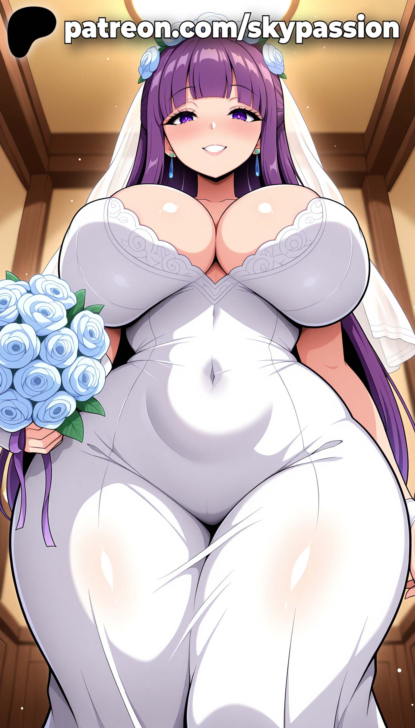 1girls 2025 ai_assisted ai_generated anime artist_name bangs belly big_breasts big_chest blue_flower blue_ribbon blue_rose blunt_bangs blush bouquet breasts bridal_veil bride bust busty chest clothed_female covered_navel dress earrings eyebrows_visible_through_hair female female_focus female_only fern_(sousou_no_frieren) flower frieren_beyond_journey's_end from_below hair_flower hi_res high_quality high_resolution highres holding_bouquet indoors jewelry large_breasts long_hair looking_at_viewer patreon patreon_username purple_eyes purple_hair rose skypassion smile solo sousou_no_frieren stable_diffusion strapless_dress veil watermark wedding_dress wedding_veil white_dress white_rose