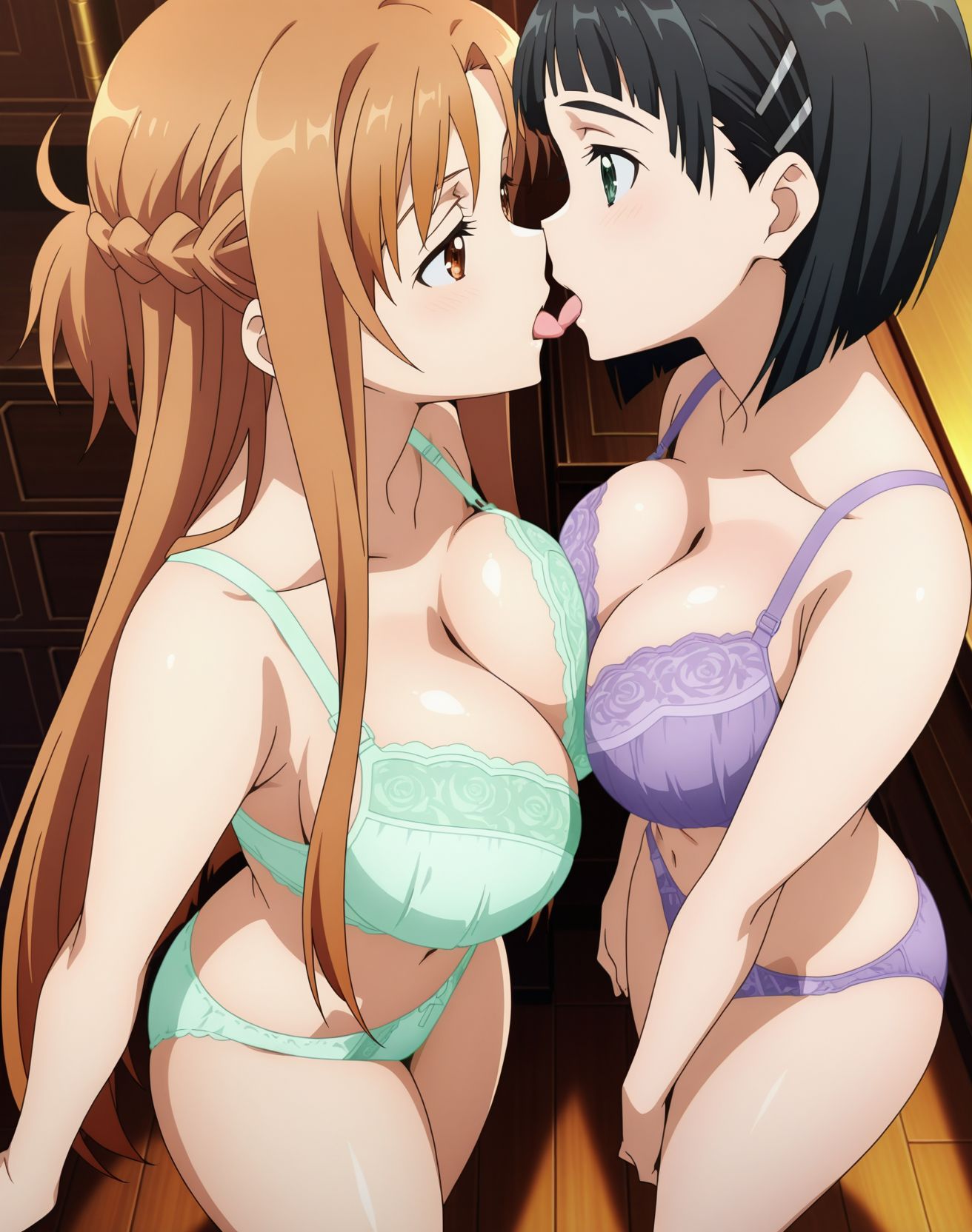 1girls, 2girls, ai generated, bra, breasts, brightlights, cleavage, female, kirigaya suguha, kissing, lingerie, panties, sword art online, tongue, tongue kiss, tongue out, yuri, yuuki asuna