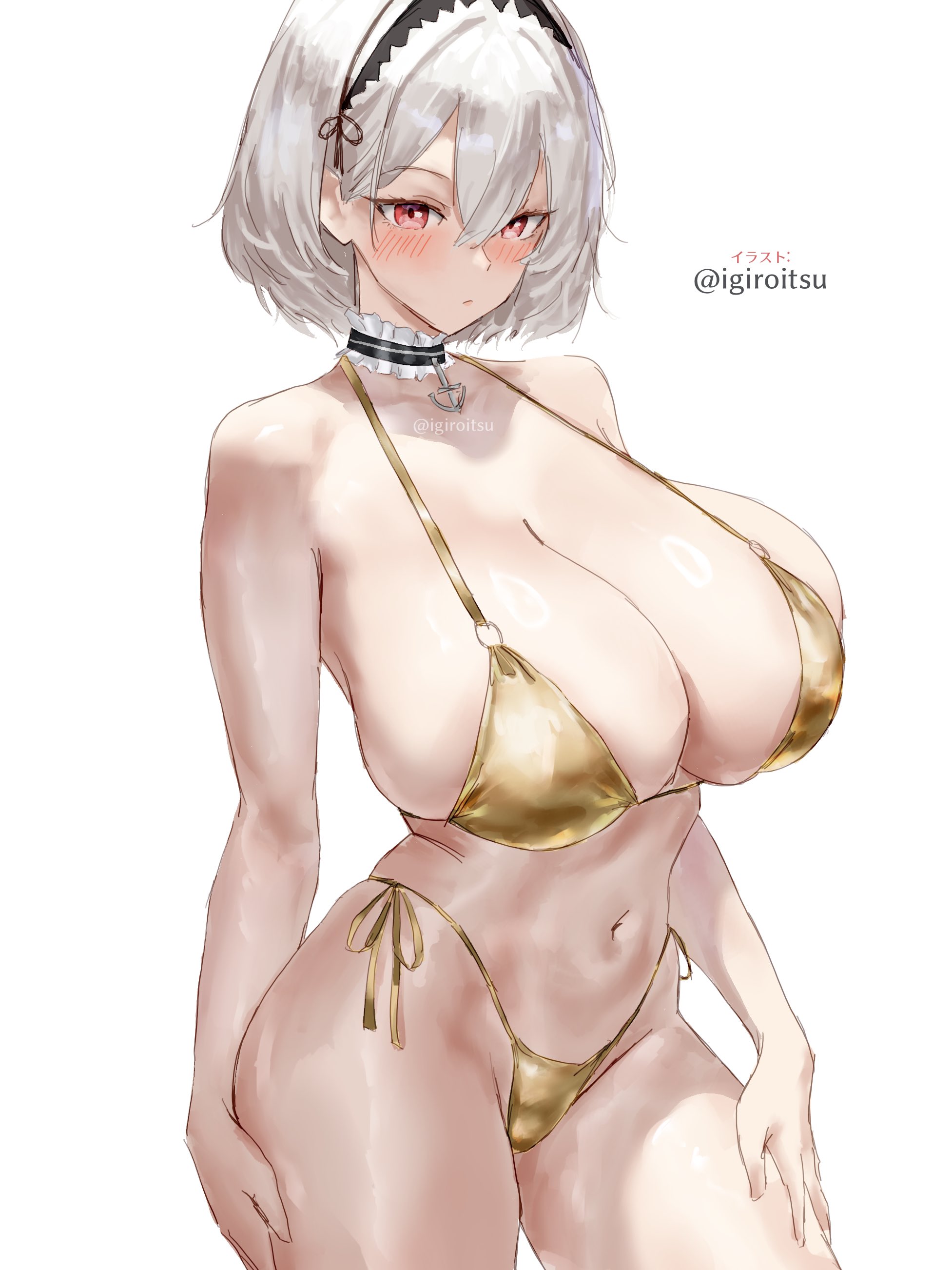 1girls, absurdres, azur lane, bikini, blush, breasts, choker, closed mouth, cowboy shot, female, gold bikini, hairband, highres, huge breasts, igiroitsu, light skin, light-skinned female, looking at viewer, micro bikini, navel, red eyes, royal navy (azur lane), simple background, sirius (azur lane), solo, stomach, swimsuit, white background, white hair