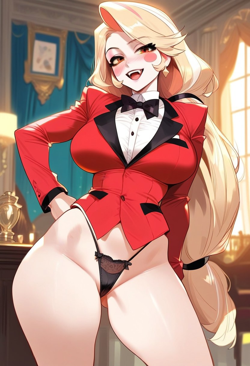 2d ai_generated blonde_female blonde_hair business_suit charlie_morningstar_(hazbin_hotel) female female_focus female_only hazbin_hotel indoors jacket makeup pale-skinned_female pale_skin panties pantsless solo solo_female solo_focus suit tagme white_skin white_skinned_female