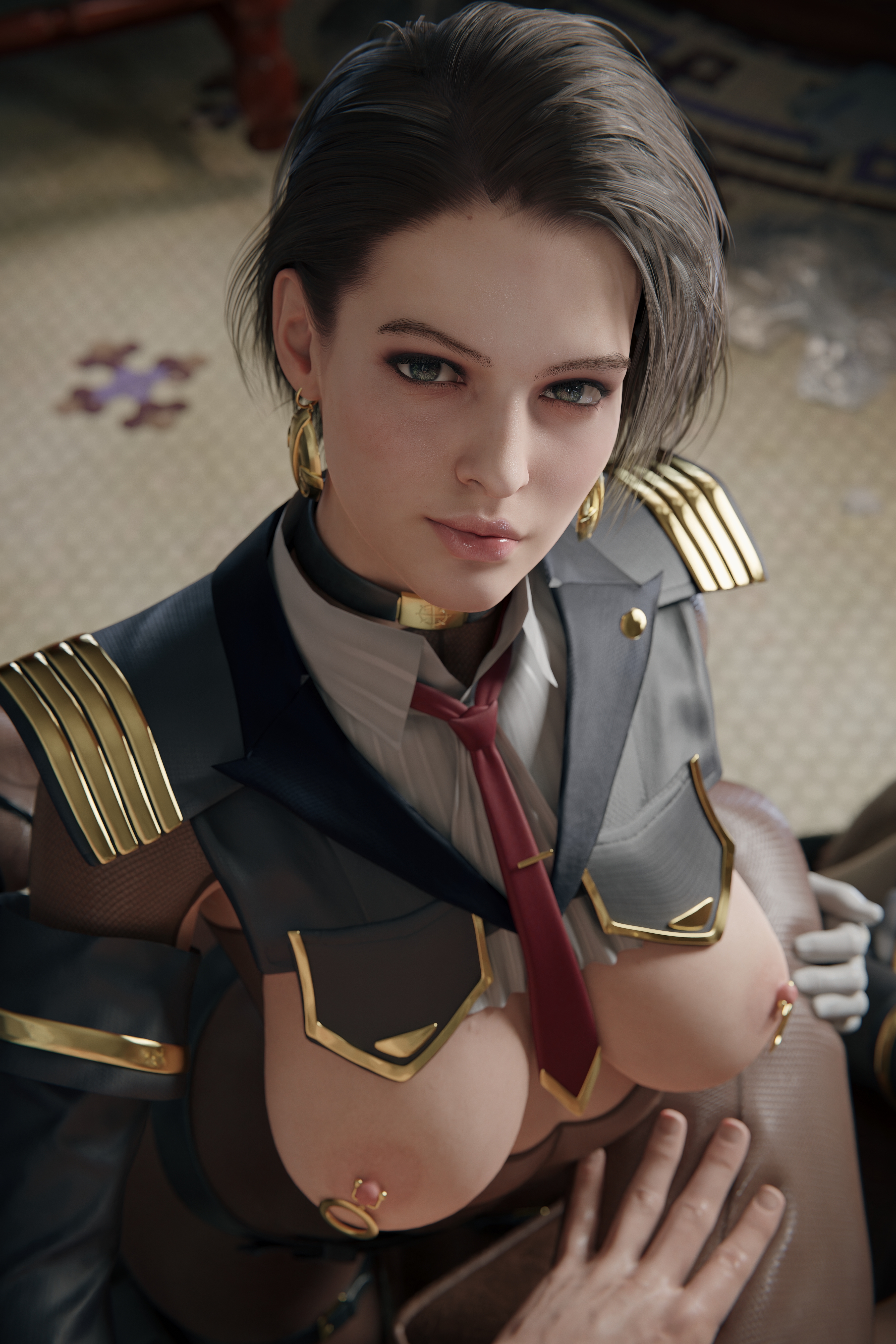 3d, armpit cutout, breast cutout, breasts, breasts cutout, breasts out, brown hair, choker, earrings, female, female focus, gloves, jill valentine, military uniform, nipple piercing, nipple rings, nipples, piercing, red tie, resident evil, solo focus, strauzek, tagme, white gloves