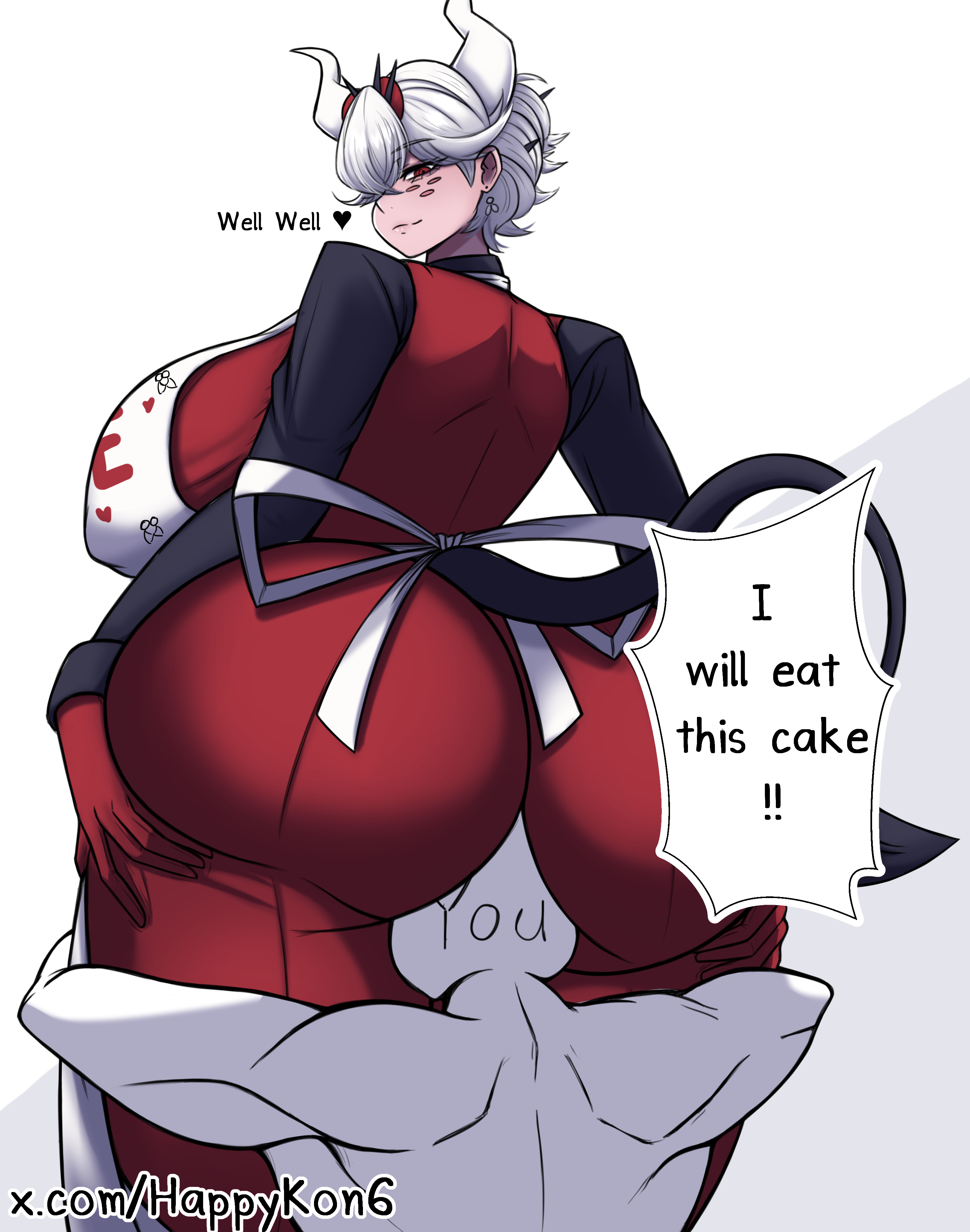 1boy, apron, ass, beelzebub (helltaker), big ass, big breasts, big butt, breasts, demon, demon girl, devil, female, happykon, helltaker, horn, male, red eyes, white hair