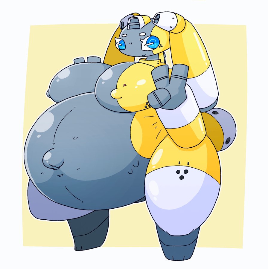 1girls bean_eyebrows blue_eyes body_markings breasts_on_belly bunny_ears cute double_peace_sign female hage huge_belly huge_breasts living_machine looking_at_viewer navel nub_feet peace_sign popped_navel pregnant pregnant_anthro pregnant_female simple_background smile smiling_at_viewer solo thick_thighs three_tone_body triangle_(marking) vent yellow_highlights