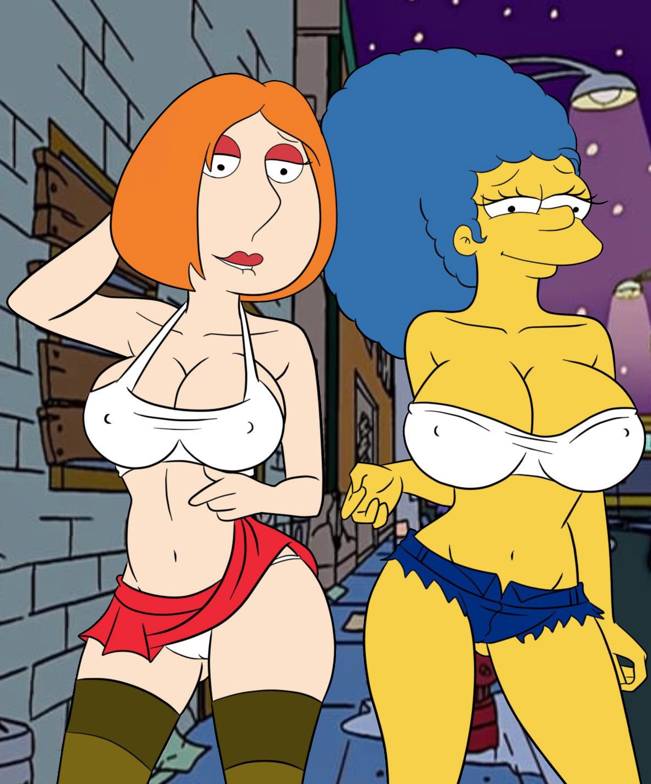 2girls, alley, alleyway, big breasts, blue hair, breasts, cleavage, croc (artist), family guy, female, hooker, hot, imminent sex, lois griffin, marge simpson, miniskirt, night, orange hair, prostitute, prostitution, revealing clothes, semi nude, sexy, sexy pose, short shorts, short skirt, shorts, skimpy clothes, skirt, sluts, smile, smiling, smiling at viewer, street hooker, streetwalker, the simpsons, whore eyes, yellow body, yellow skin