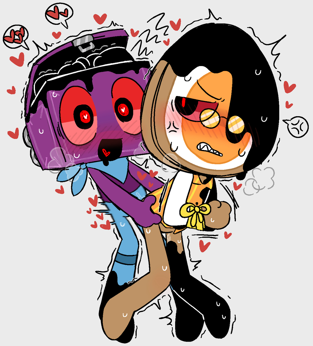anal, artist request, blush, boxten (dandy's world), cum, dandy's world, drool, drooling, eggson (dandy's world), gay, gay sex, heart, heart tongue, humping, male, no genitals shown, object head, roblox game, sharp teeth, sweat, twisted boxten (dandy's world), twisted eggson (dandy's world), yaoi