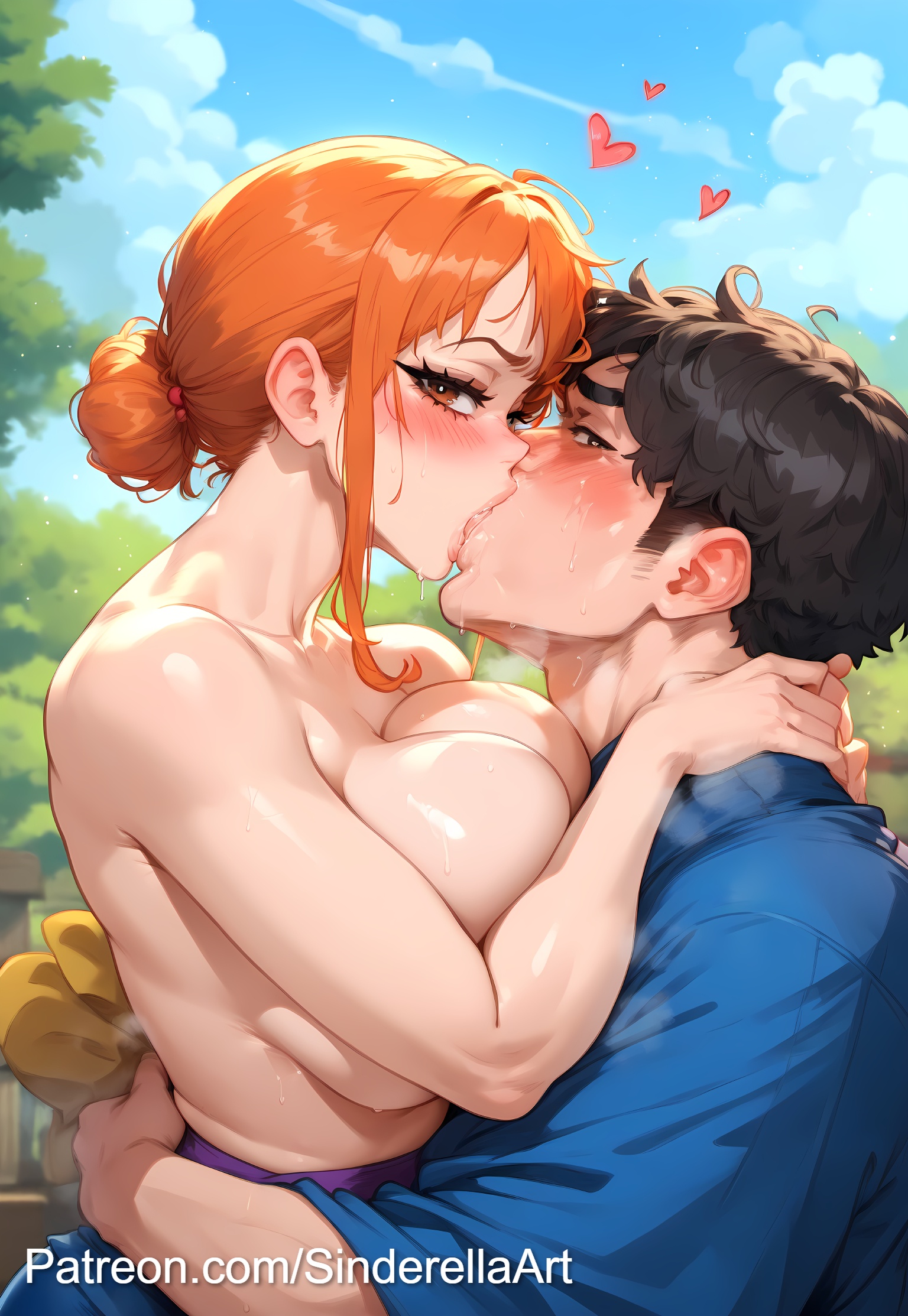 ai generated, blue kimono, breasts, busty, clothing, commission, cuckold pov, female, kissing, large breasts, light skin, light-skinned male, looking at viewer, male, nami (one piece), ntr, one piece, patreon, patreon url, patreon username, sinderellaart, thick, voluptuous