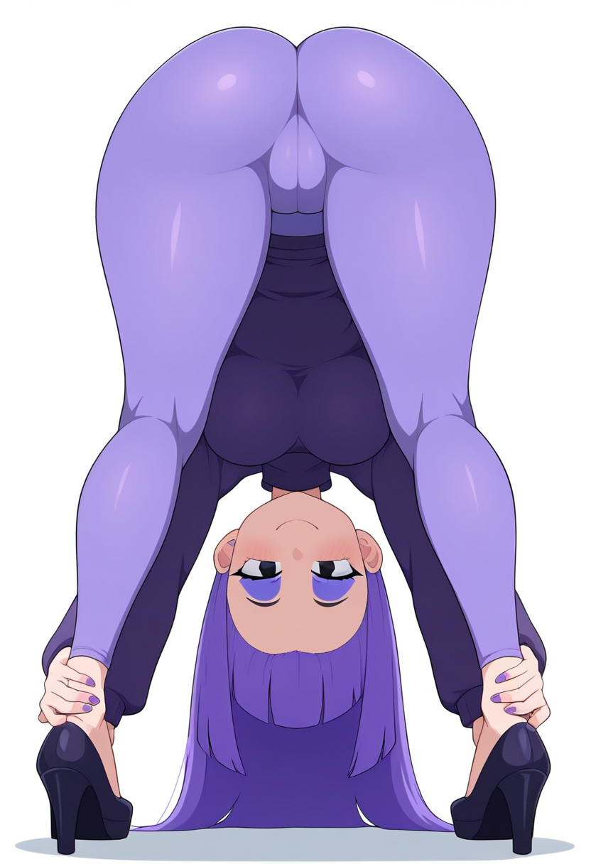 ai_generated at background breasts clothed clothing duolingo emo female fingernails focus fully girl hair hips human light light-skinned lily_(duolingo) looking medium only pants purple skin slim small smartphone solo teasing thin turtleneck viewer waist white wide yoga