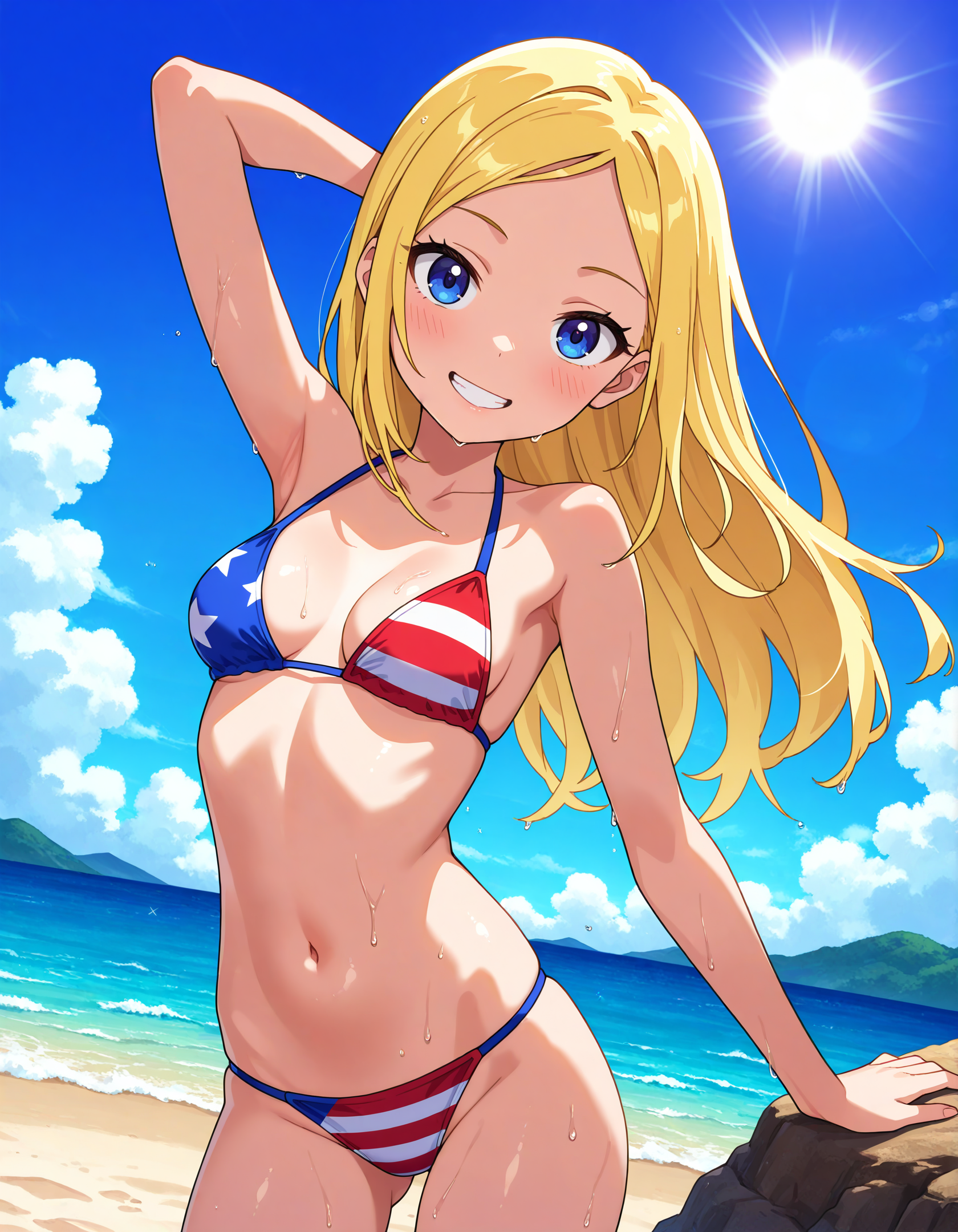 2025, ai generated, american flag bikini, beach, belly, blonde female, blonde girl, blonde hair, blonde-haired female, blue eyes, cartoon network, dc, dc comics, deviantart, drawing, elryusam, female, looking at viewer, meta, not porn, orange cheeks, smile at viewer, smiling at viewer, sun, sunlight, sunlight rays, teen titans, teeth showing, teeth visible, terra, tummy, united states of america, wet bikini, wet body, wet skin