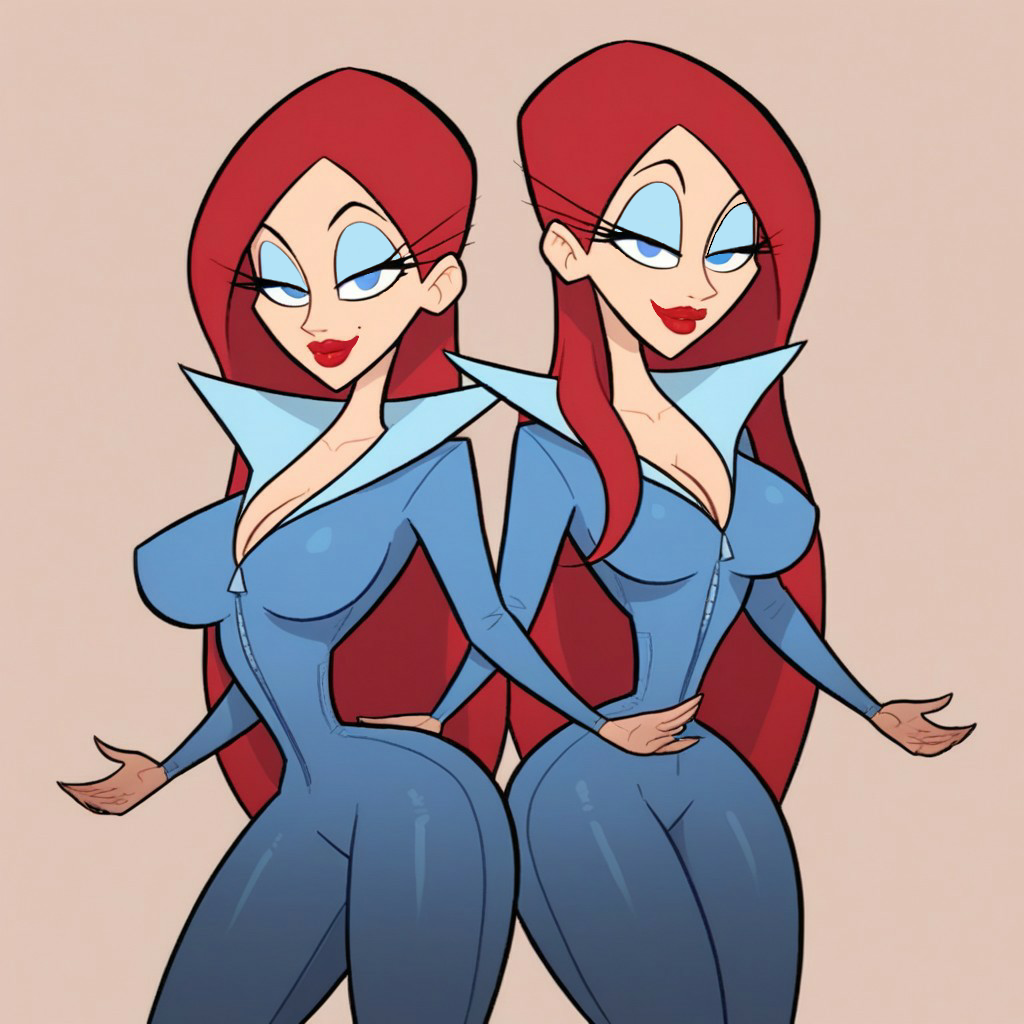 2girls ai_generated bedroom_eyes blue_eyes blue_eyeshadow bodysuit clothed female johnny_test_(series) looking_at_viewer miss_x miss_z red_hair self_upload siblings sisters spy twin_sisters twins