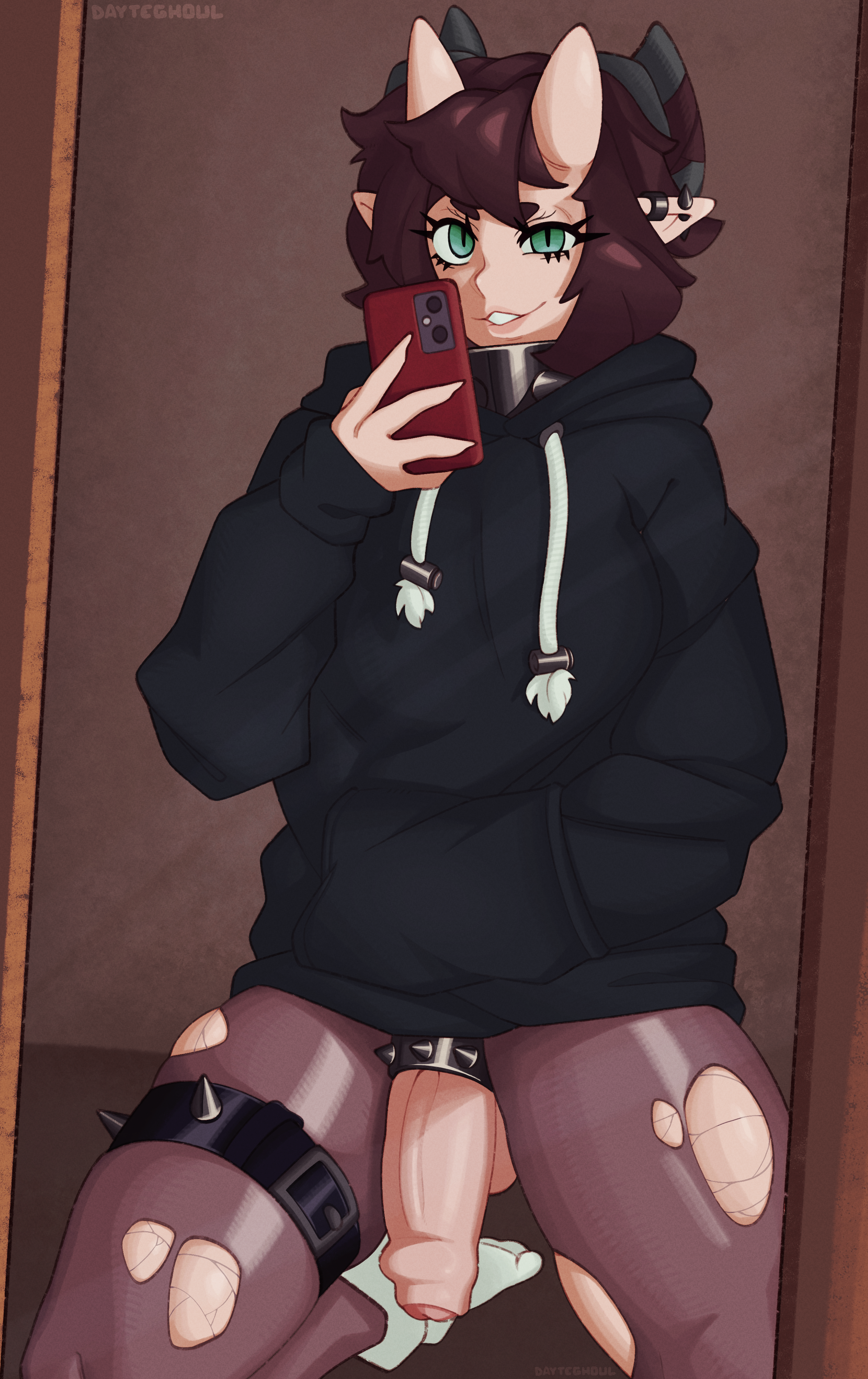 androgynous, ass, balls, big breasts, big penis, bottomless, breasts, clothed, clothing, cock, cock ring, daytenya, ear piercing, feet, femboy, flaccid, futa only, futanari, hi res, highres, hoodie, horn, horns, humanoid, humanoid penis, intersex, jacket, kneeling, large penis, male, mirror, mirror selfie, mostly clothed, nonbinary, penis, ria (dayteghoul), ripped stockings, smooth balls, smooth penis, socks, solo, tagme, thick ass, thick penis, thick thighs, thighhighs