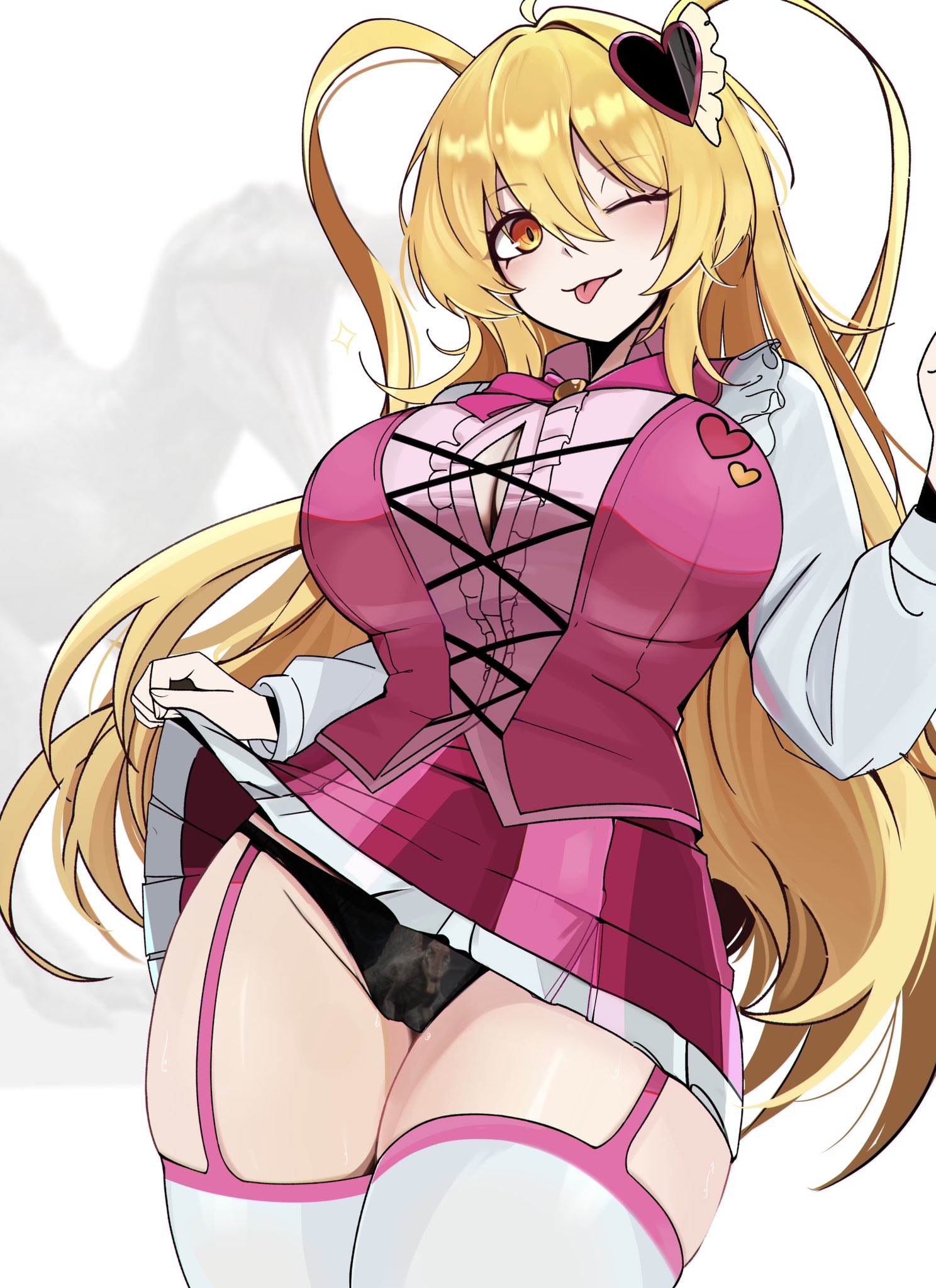 1girls, bloodfiend, boob window, breasts, don quixote (limbus company), female, garter straps, hair between eyes, hair ornament, in the name of love and hate (e.g.o), large breasts, lifting skirt, limbus company, long hair, looking at viewer, m ayonessa, magical girl, one eye closed, orange eyes, panties, project moon, queen of hatred (cosplay), sole female, thighs, tongue, tongue out, twintails, white background, yellow hair