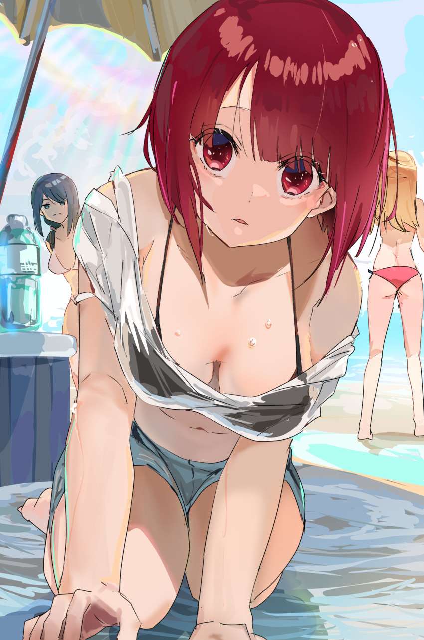 :t, 3girls, arima kana, ass, bikini, bikini under clothes, black bikini, blush, breasts, breasts apart, commentary request, female, funi mu9, highres, hoshino ruby, kneeling, kurokawa akane, looking at viewer, medium breasts, multiple females, multiple girls, navel, oshi no ko, outdoors, parasol, red eyes, red hair, see-through clothes, see-through shirt, shirt, short hair, short shorts, shorts, solo focus, sweatdrop, swimsuit, umbrella, white shirt