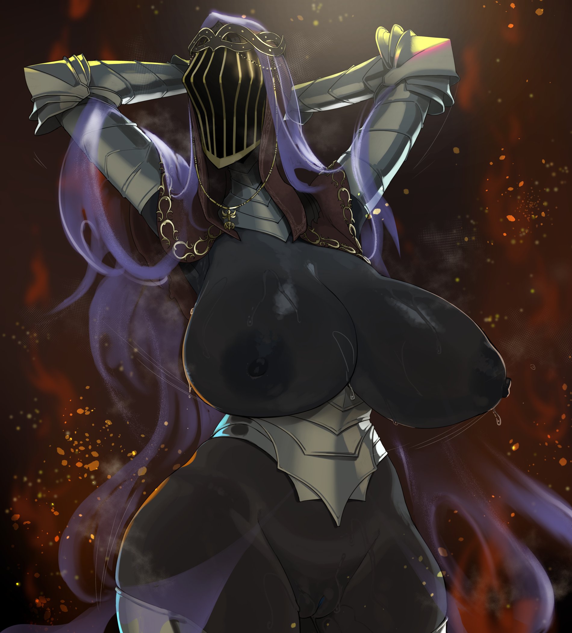 1girls, areolae, armor, armpits, arms behind head, arms up, big areola, big breasts, blue hair, breasts, breasts bigger than head, curvaceous, curvy, curvy figure, dancer of the boreal valley, dark souls, dark souls 3, erect nipples, female, female only, fromsoftware, helmet, huge breasts, long hair, mdthetest, musk, musk clouds, musky armpit, nipples, nude, pussy, solo, solo female, steam, steaming body, steamy breath, sweat, sweaty, sweaty body, sweaty breasts, sweaty thighs, thick thighs, voluptuous, voluptuous female, wet pussy, wide hips