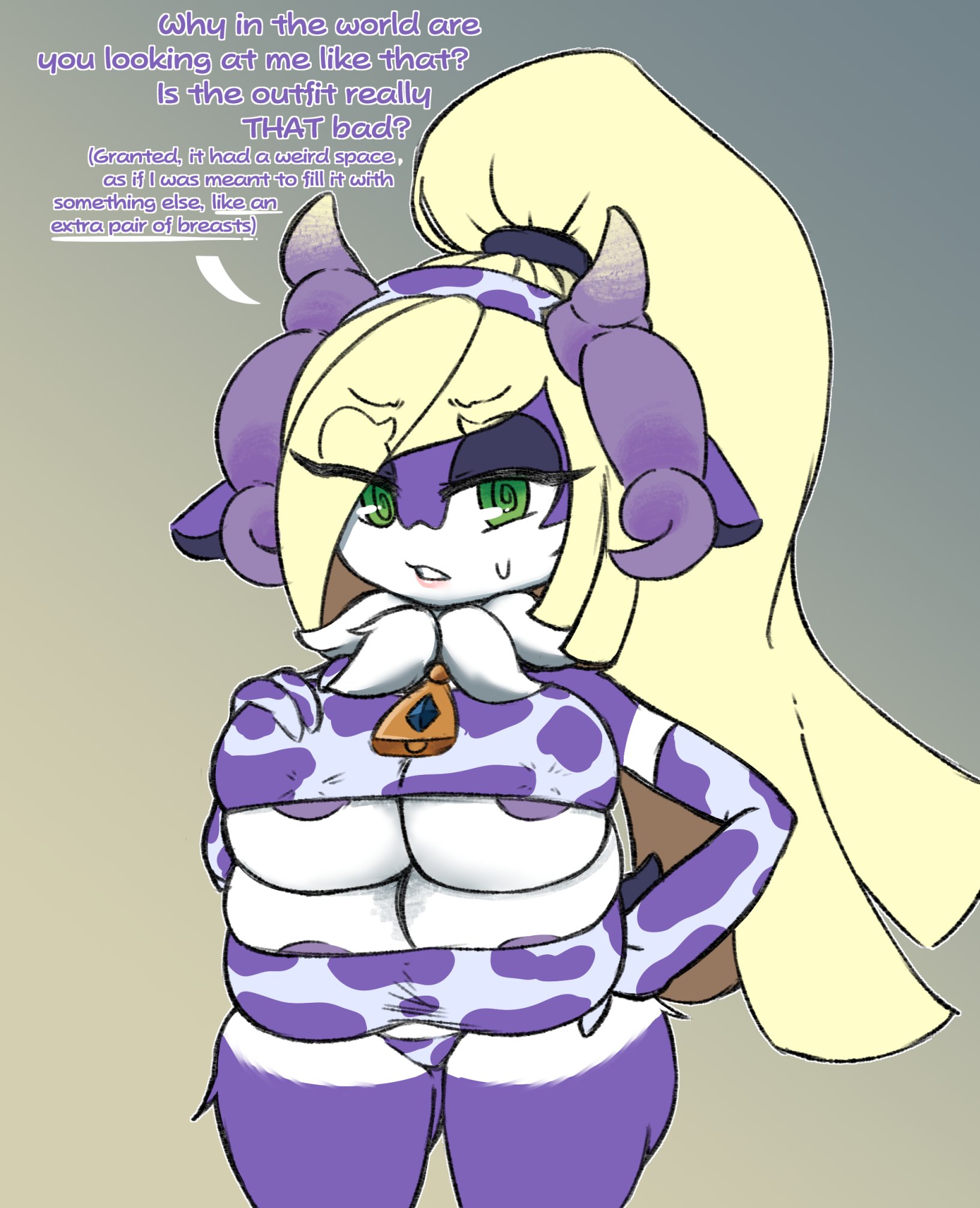4 breasts, after transformation, blonde hair, breasts, cow horns, cow print, cow print bikini, female, green eyes, headband, horns, indeedee, lusamine (pokemon), multi breast, nintendo, pokemon, pokemon sm, pontytail, post-transformation, shadyshadsie, swirly eyes, talking, text, transformation, unaware, unaware transformation