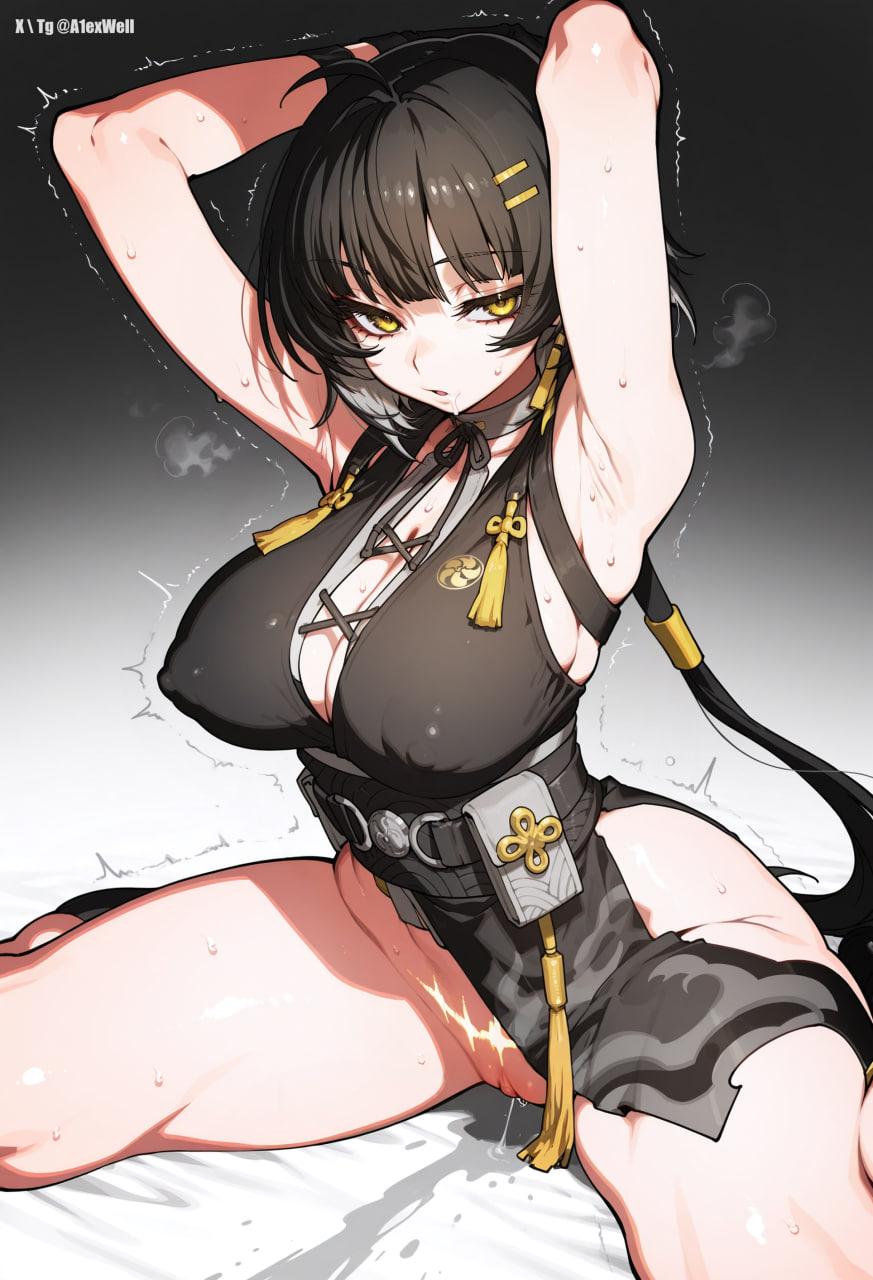 1girls, a1exwell, ai generated, armpits, arms up, breasts, covered nipples, female, female ejaculation, female rover (wuthering waves), large breasts, orgasm face, pubic tattoo, pussy, pussy juice drip, pussy juice stain, rover (wuthering waves), stable diffusion, sweat, tacet mark (wuthering waves), thick thighs, trembling, trembling lines, wuthering waves