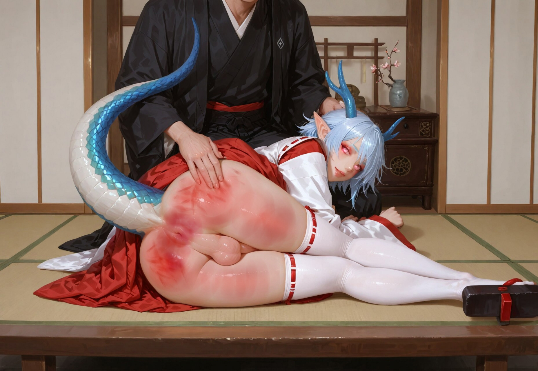 ai generated, anus spanking, balls, blue hair, bruised butt, buttholeking, cock, discipline, dragon boy, dragon humanoid, exposed anus, exposed butt, femboy, gay, lifted skirt, male, male only, penis, pink eyes, red butt, spank marks, spanked, spanked butt, spanking, spanking ass, testicles, trap, yaoi