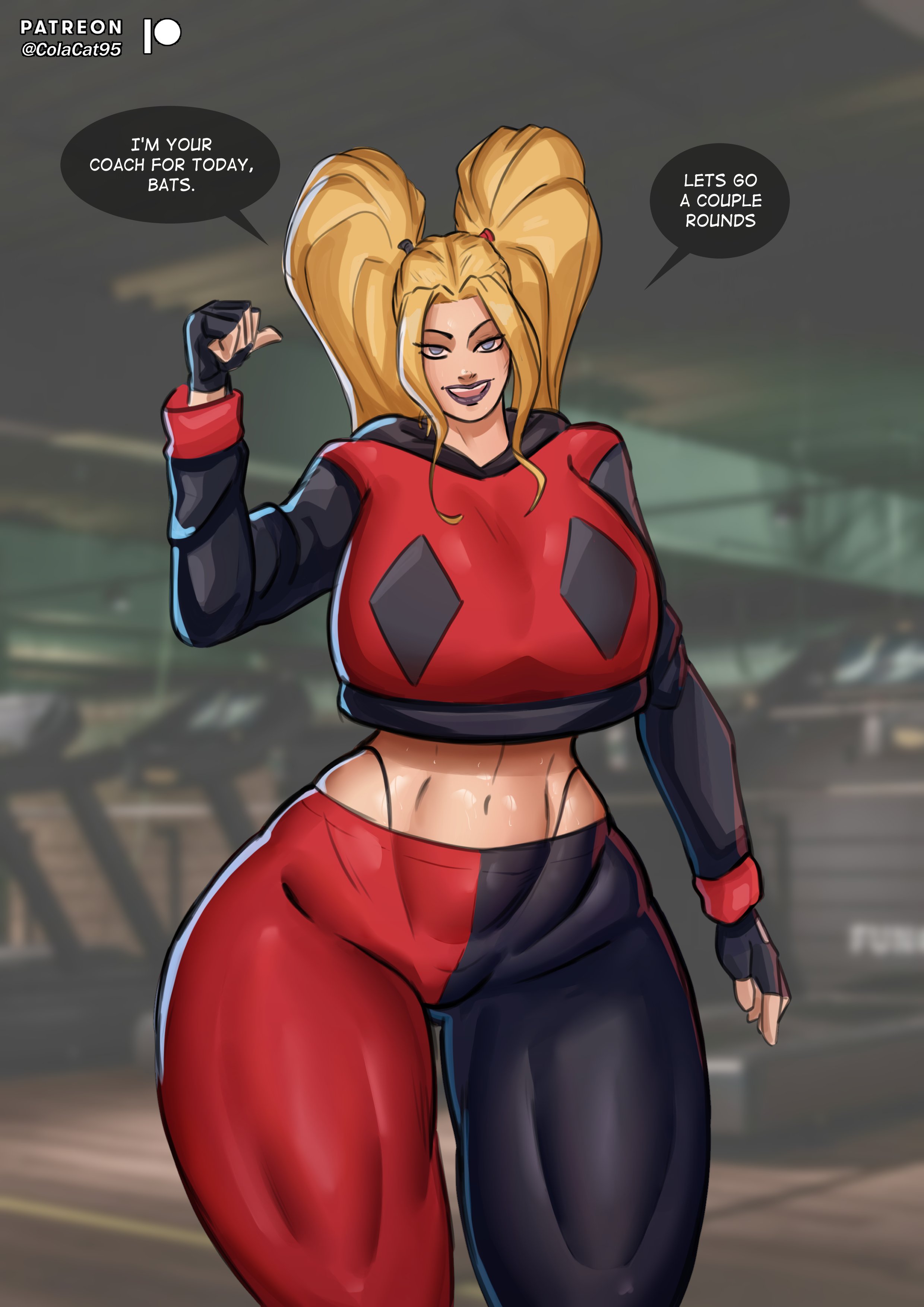 1girls, abs, batman (series), colacat95, dc, dc comics, female, fit female, gym, gym clothes, harleen quinzel, harley quinn, jpg, leggings, midriff, muscular, muscular female, pigtails, solo, solo female, tagme, thick, thick legs, thick thighs, twitter link, wide hips