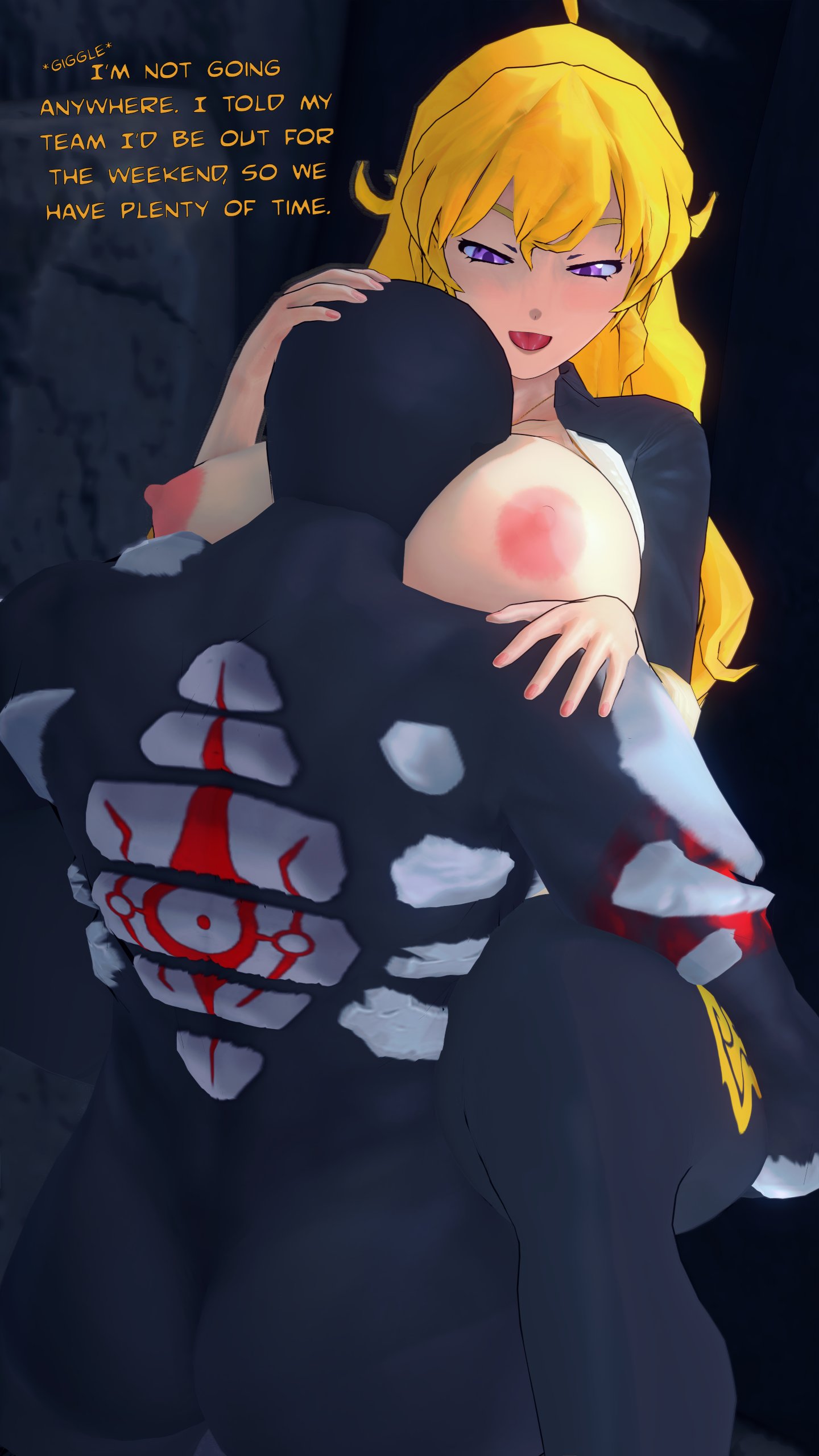 1boy, 1girls, 3d, blonde female, blonde hair, breasts, dialogue, face between breasts, female, grimm (rwby), half naked, half naked female, half-dressed, long hair, long-haired female, male, monster, monster boy, morepolygons11, purple eyes, rwby, yang xiao long
