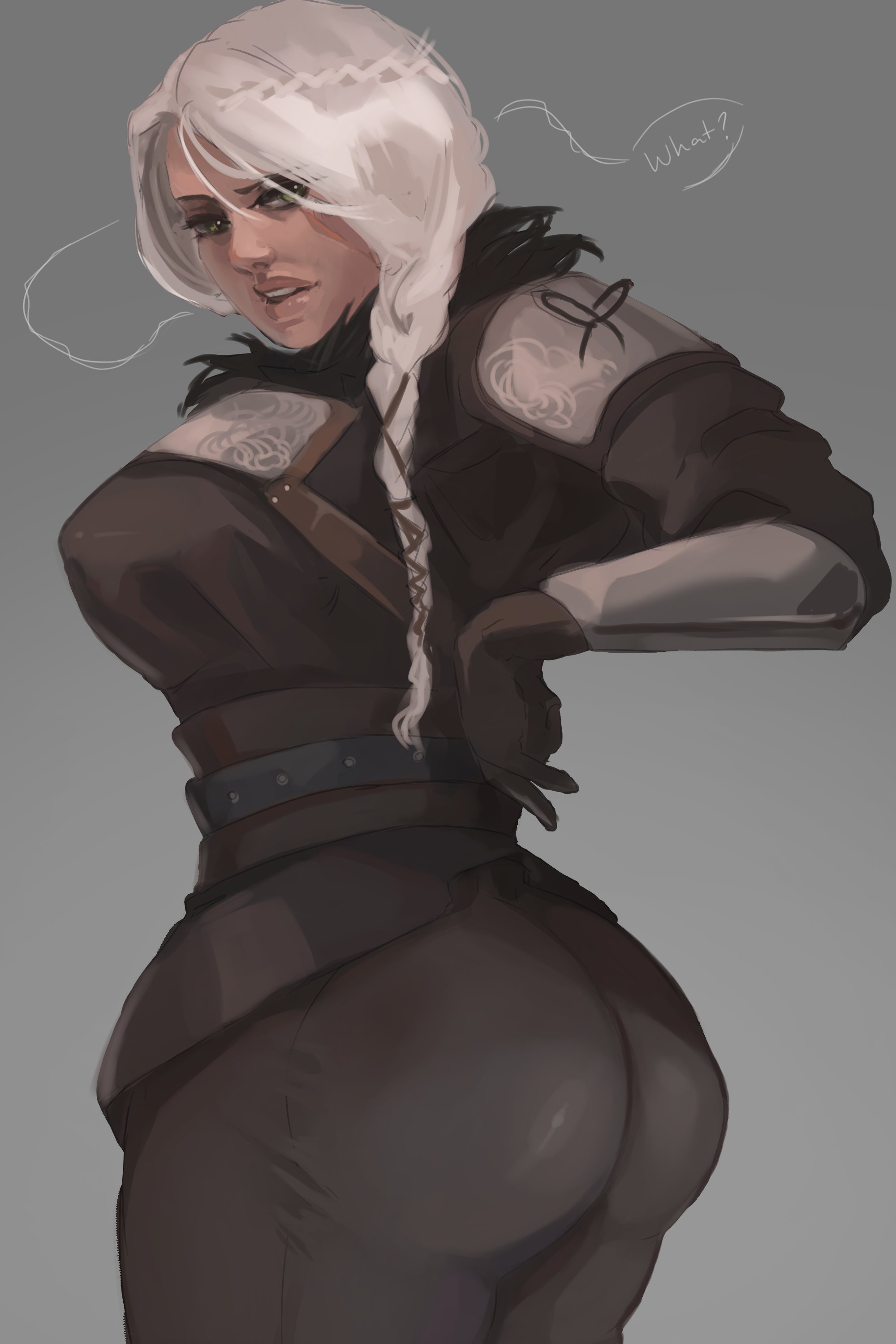 2d, ass, back view, big ass, big breasts, braid, breasts, cd projekt red, ciri, clothing, curvy female, english text, female, gloves, light skin, light-skinned female, looking at viewer, looking back, mascara, midnight teeth, scar, solo, solo female, text, the witcher (series), the witcher 4, white hair
