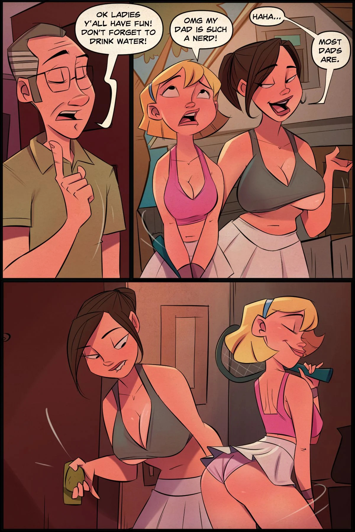 1boy, 1futa, 1girls, 2d, 3koma, age difference, agent red girl, biting lip, blonde female, blonde hair, breasts, breasts size difference, brown hair, candice (agent red girl), candy cane (jmoz), comic, daughter, father, father and daughter, female, futa with female, futa with male, futanari, hair length difference, human, human only, implied futa, intersex, jmoz, large breasts, light skin, light-skinned female, light-skinned futa, light-skinned male, male, panties, parent, parent and child, ponytail, short hair, tennis racket, tennis uniform