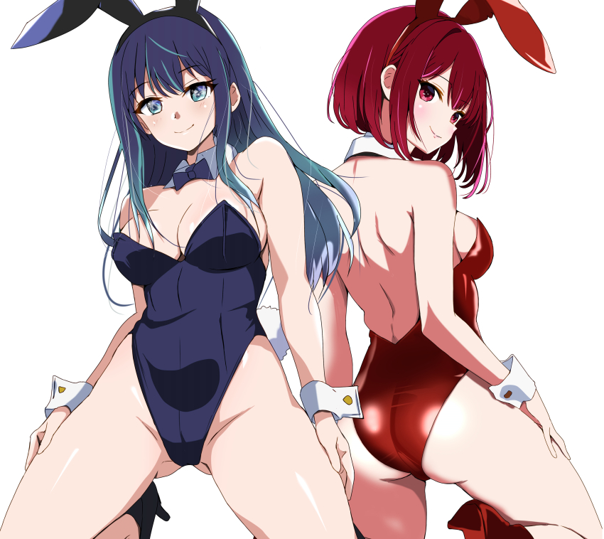 2girls, absurdres, animal ears, arima kana, ass, blue eyes, blue hair, blue leotard, breasts, cleavage, detached sleeves, fake animal ears, female, highres, kneeling, kurokawa akane, leotard, multiple females, multiple girls, oshi no ko, playboy bunny, red eyes, red hair, red leotard, smile, strapless, strapless leotard, tetsuado, thighs, white background