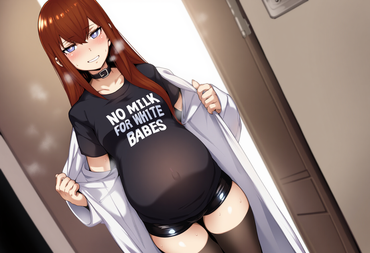 1girls, 2025, ai generated, black clothing, blacked, blue eyes, cheating, cheating girlfriend, choker, clothing, embrace, female, humiliation, light skin, light-skinned female, long hair, makise kurisu, netorare, ntr, pregnant, pregnant belly, pregnant female, raceplay, racism, racist woman, red hair, smile, steins;gate, t-shirt, text on clothing