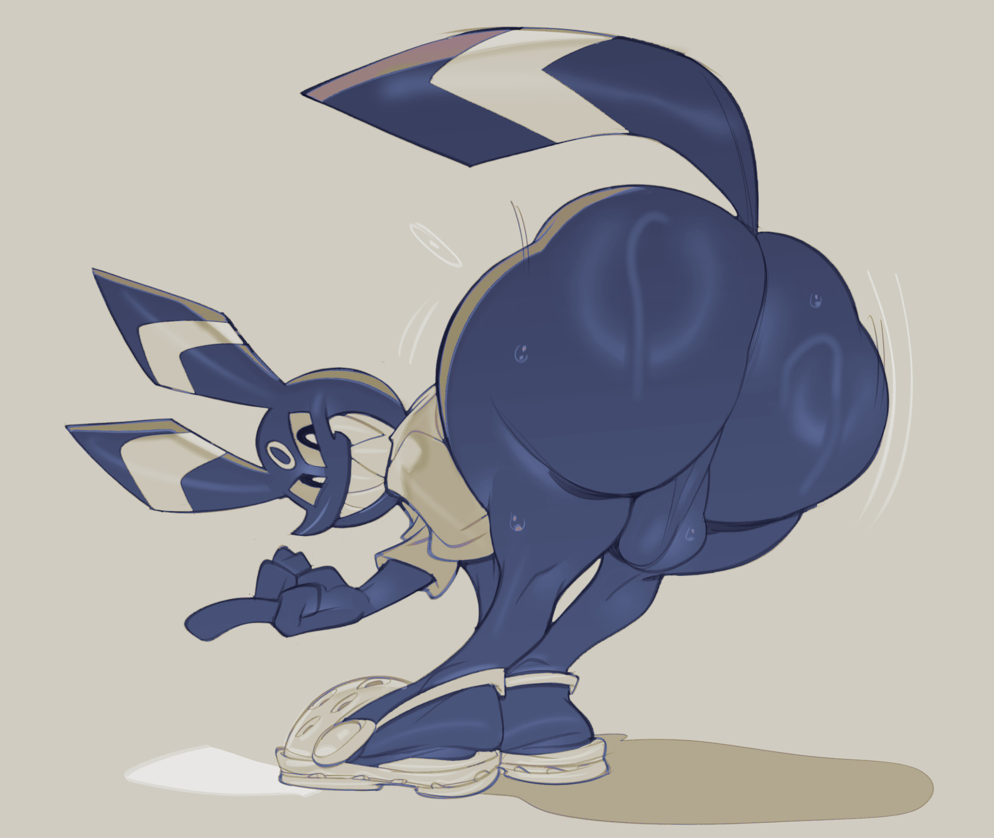 anthro, anthro only, ass, big ass, big butt, black fur, bottom heavy, crocs, eeveelution, femboy, footwear, gay, huge ass, huge butt, looking at viewer, looking back, looking back at viewer, male, male only, monochrome, pokemon, pokemon (species), shaking, shaking ass, shaking butt, sharp teeth, smile, smiling, smiling at viewer, submarine screw, tagme, umbreon, zyrovii