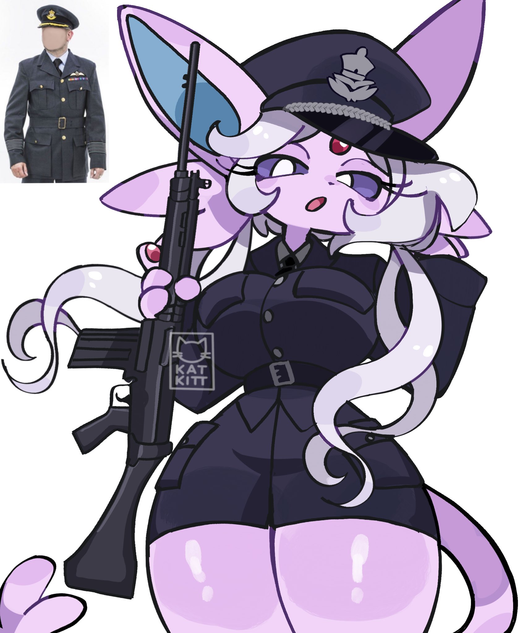 1girls, anthro, big breasts, breasts, espeon, female, female only, firearm, fur, furry, furry female, gun, kat kitt, looking at viewer, looking down at viewer, medikitten, military uniform, pokemon, pokemon (species), solo, solo female, tail, thick thighs, thighs, uniform