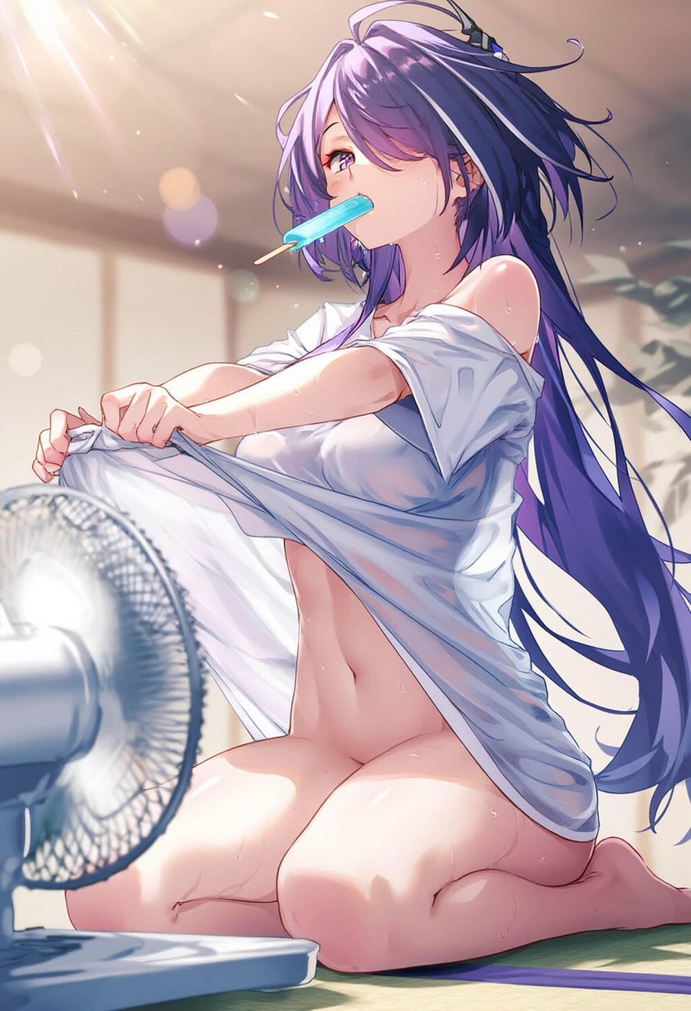 acheron_(honkai:_star_rail) ai_generated fan honkai:_star_rail lifting_own_clothes no_panties popsicle_in_mouth raaicave sitting sweating thighs