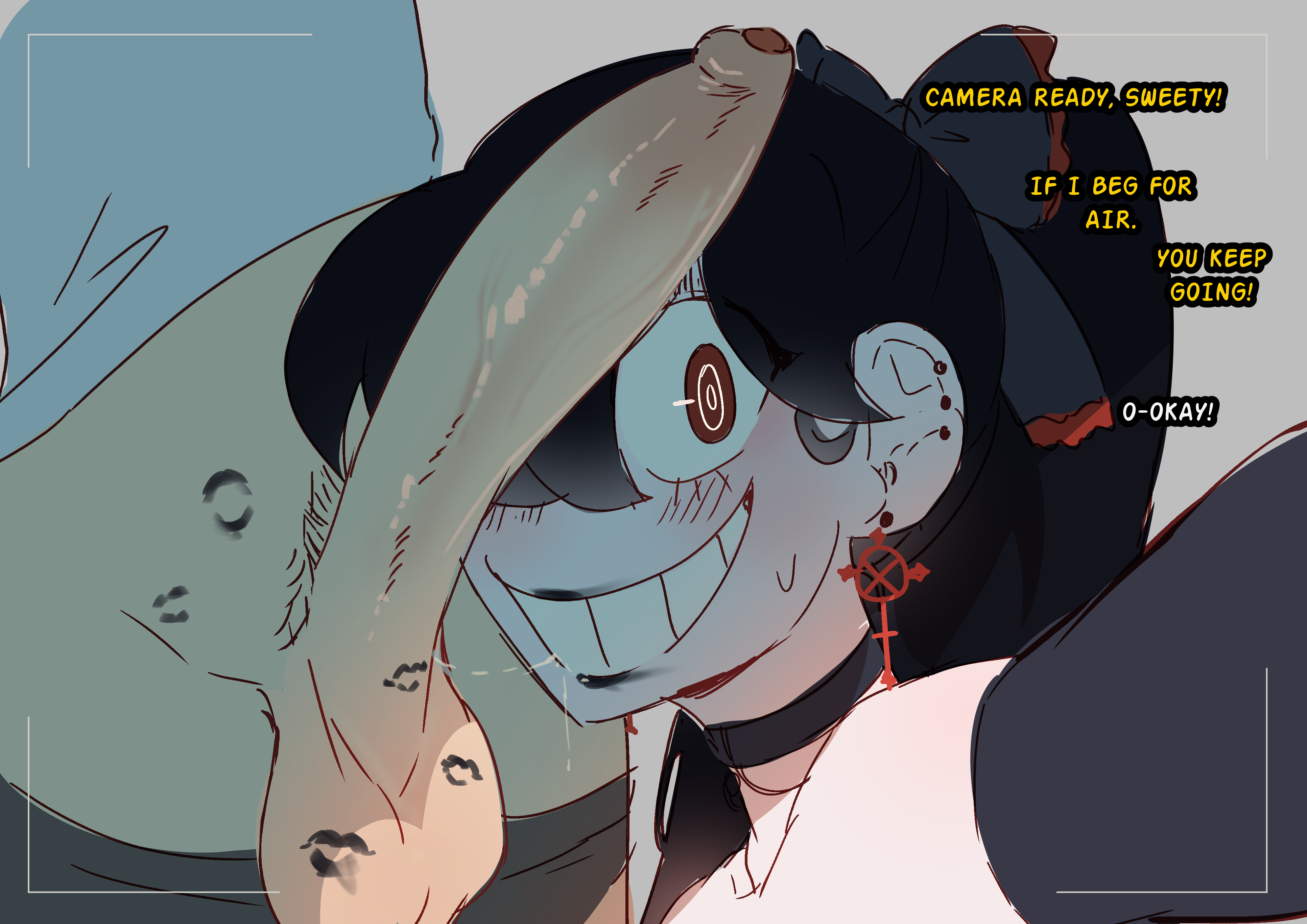 balls, before oral, black hair, blowjob, bow, camera, choker, cock, creepy smile, earrings, femboy, filming, foreskin, gay, gay blowjob, gloves, imminent oral, imminent sex, large penis, lipstick mark, lipstick mark on balls, lipstick mark on penis, lipstick marks, lipstick on balls, lipstick on penis, male, male on femboy, pale skin, pale-skinned femboy, penis, piercing, ponytail, red eyes, saliva trail, sam (tottalyaw31rd0), text, tottalyaw31rd0, uncircumcised, uncut