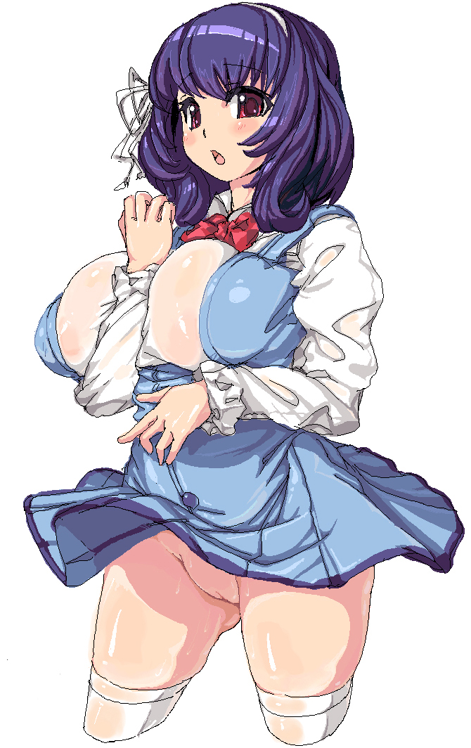 blue_hair blush breasts dress female huge_breasts kasutaso no_panties oekaki pussy red_eyes ribbon seikon_no_qwaser solo thighhighs uncensored yamanobe_tomo