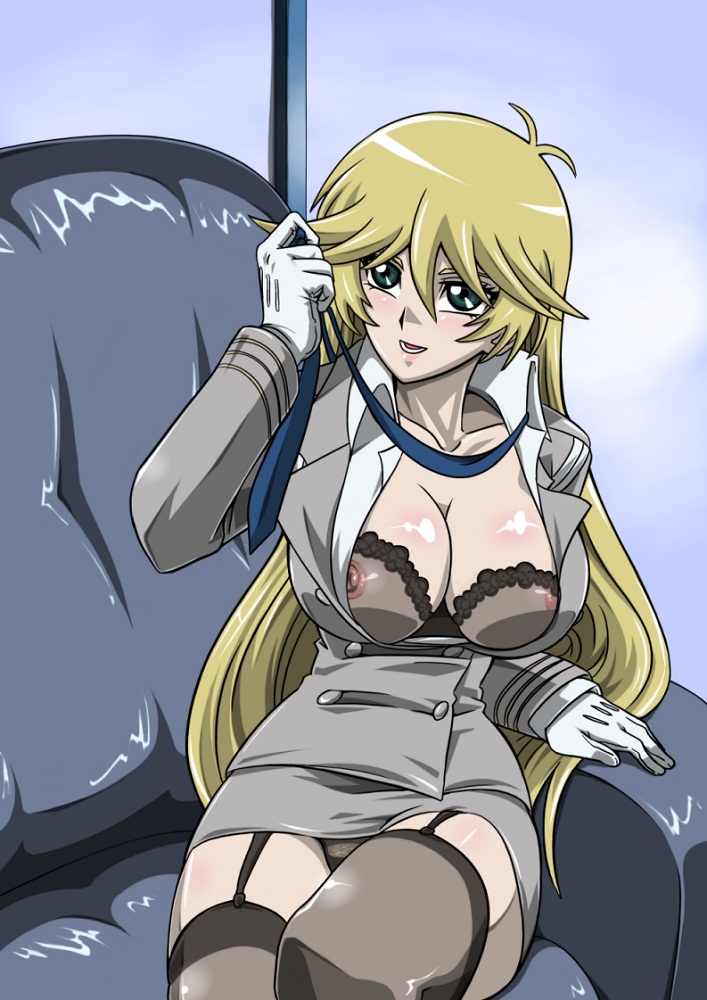 blonde_hair bra breasts cleavage clothing female garter_straps green_eyes hair lingerie long_hair miniskirt nipples panties pantyshot pantyshot_(sitting) police police_uniform see-through sherry_leblanc skirt straw_(yokubou_hiroba) thighhighs very_long_hair yu-gi-oh! yu-gi-oh!_5d's