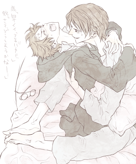 age_difference arched_back barefoot bed brown_hair gay glasses harry_james_potter harry_potter hood hug male monochrome multiple_boys numeri_(pixiv) open_mouth robe scar screaming sex short_hair sitting tears tom_marvolo_riddle translation_request yaoi