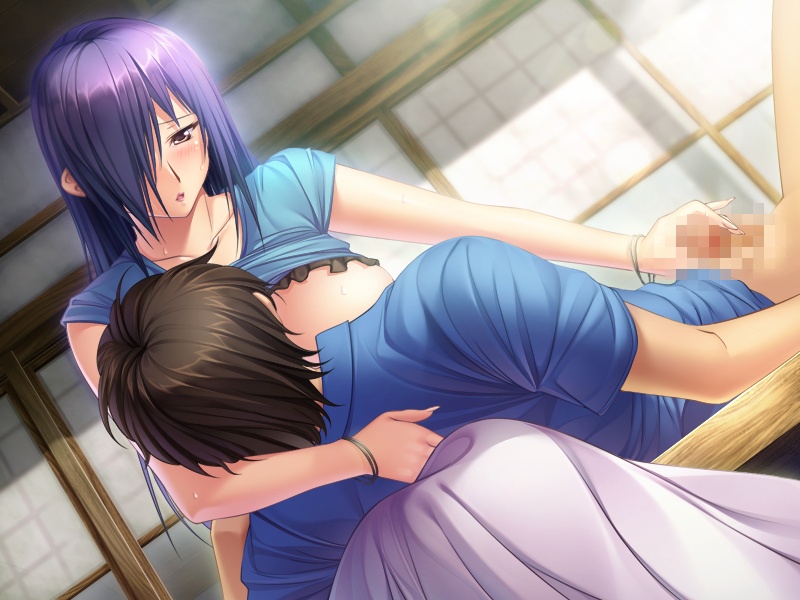 aoi_nagisa_(artist) black_hair blush breast_sucking censored female game_cg handjob long_hair lying male/female no_pants nursing_handjob okaa-san_ga_ippai penis purple_hair shirt_lift short_hair sweat