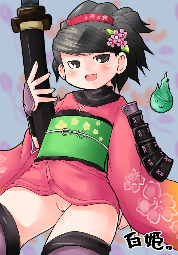 :3 blush jinkuro kimono muramasa_the_demon_blade pussy smile sword weapon