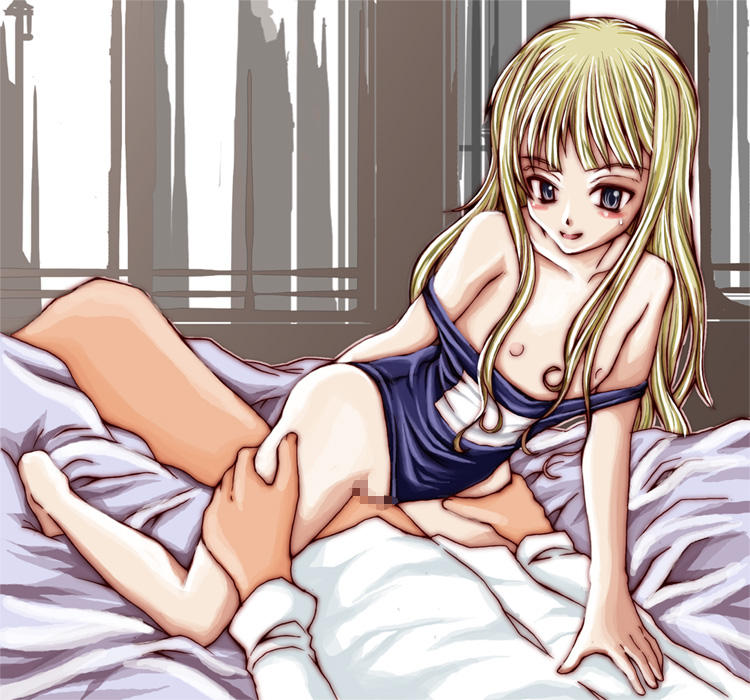 barefoot bed blonde_hair blue_eyes blush censored clothing cowgirl_position evangeline_a.k._mcdowell feet flat_chest fringe girl_on_top inoue_red_xiii long_hair mahou_sensei_negima! one-piece sex sheets straddle swimsuit teenager vaginal_penetration