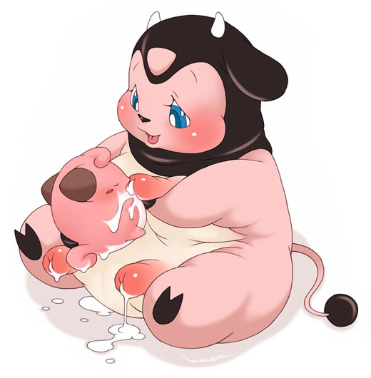 breastfeeding breasts cleffa haison lactation large_breasts milk miltank nipples pokemon pokemon_(species) pokemon_gsc pokemon_only smooth_skin suggestive suggestive_fluid