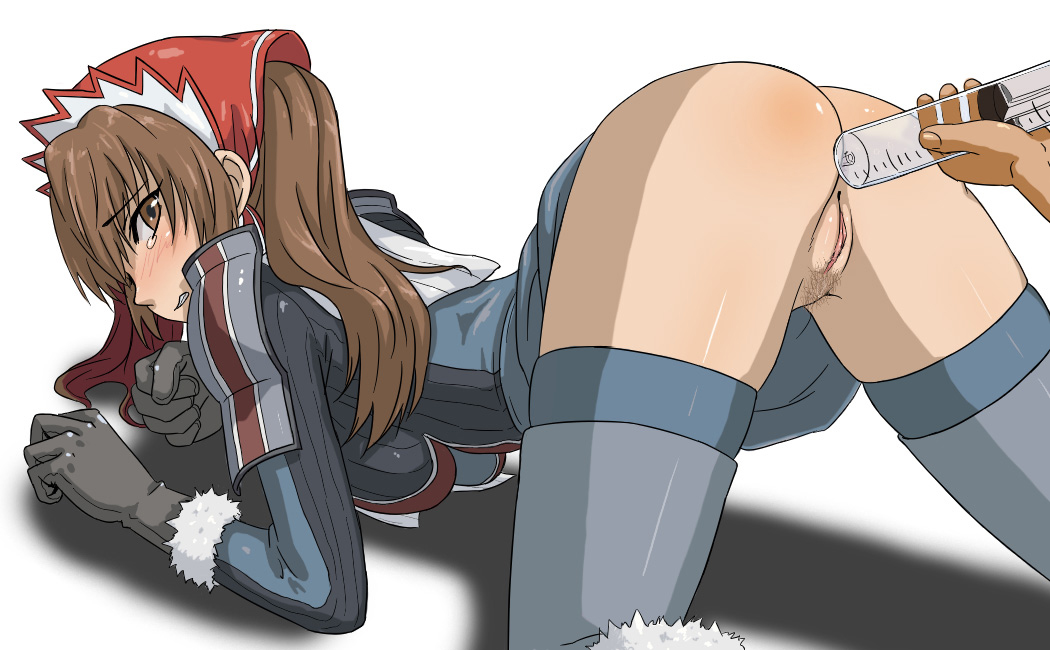 alicia_melchiott all_fours anal ass blush brown_eyes brown_hair clenched_teeth clothing color enema enema_syringe gloves headdress hou_(hachiyou) long_hair looking_back military military_uniform no_panties pubic_hair pussy simple_background stockings tears thighhighs tied_hair top-down_bottom-up twintails uniform valkyria_chronicles valkyria_chronicles_1