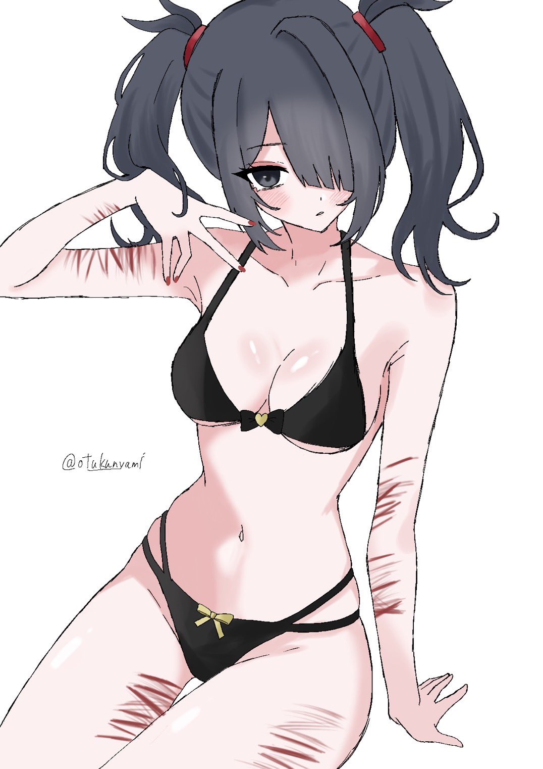 1girl, ame-chan, ame-chan (needy girl overdose), bikini, black bikini, black eyes, black hair, breasts, cleavage, commentary, hair over one eye, highres, medium breasts, medium hair, needy girl overdose, otukun yami, scar, self-harm, self-harm scar, simple background, solo, swimsuit, thigh cutting, twintails, untranslatable commentary, white background, wrist cutting