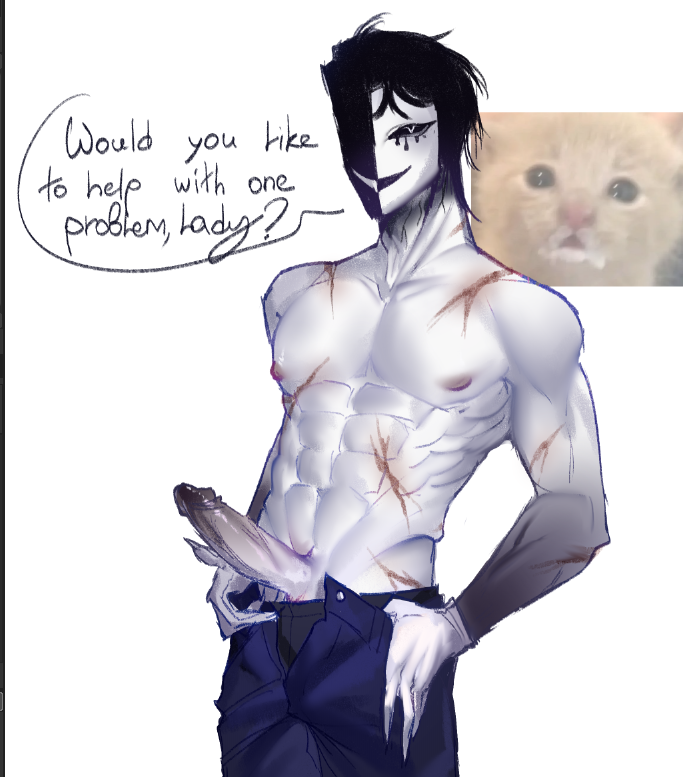black boxers, black hair, blue pants, erect penis, erection, gloves, gloves on, gradient, gradient penis, gradient skin, heterochromatic eyes, heterochromia, looking at viewer, looking back at viewer, mask, masked male, masked only, muscles, muscular, muscular arms, muscular chest, muscular male, no visible face, pale, pale body, pale skin, pale-skin, pale-skinned male, partially clothed, partially clothed male, partially undressed, penis, penis out, scars, scars all over, scars on chest, solo, solo focus, solo male, the freak circus, ticket taker (the freak circus), unbuttoned, unbuttoned jeans, unbuttoned pants, wearing gloves