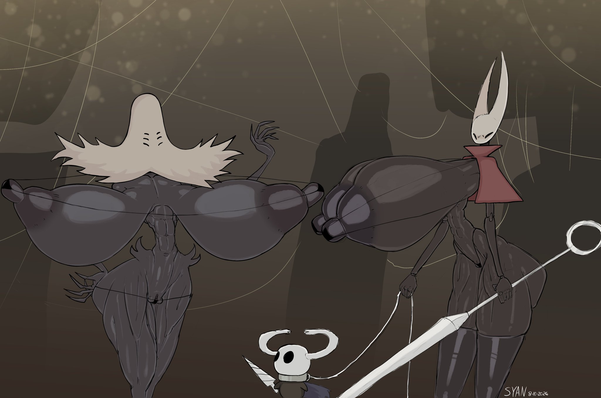 1boy, 2girls, 6 eyes, areolae, ass, big areola, big ass, big breasts, big nipples, bigger female, breasts, breasts bigger than head, erect nipples, hollow knight (franchise), hollow knight: silksong, hornet (hollow knight), insects, large ass, large breasts, leash, nipples, pussy, shrumblegumble, silksong, small bra, small panties, small torso, smaller male, the knight (hollow knight), thick thighs, thighs, thunder thighs, tits, widow (hollow knight)