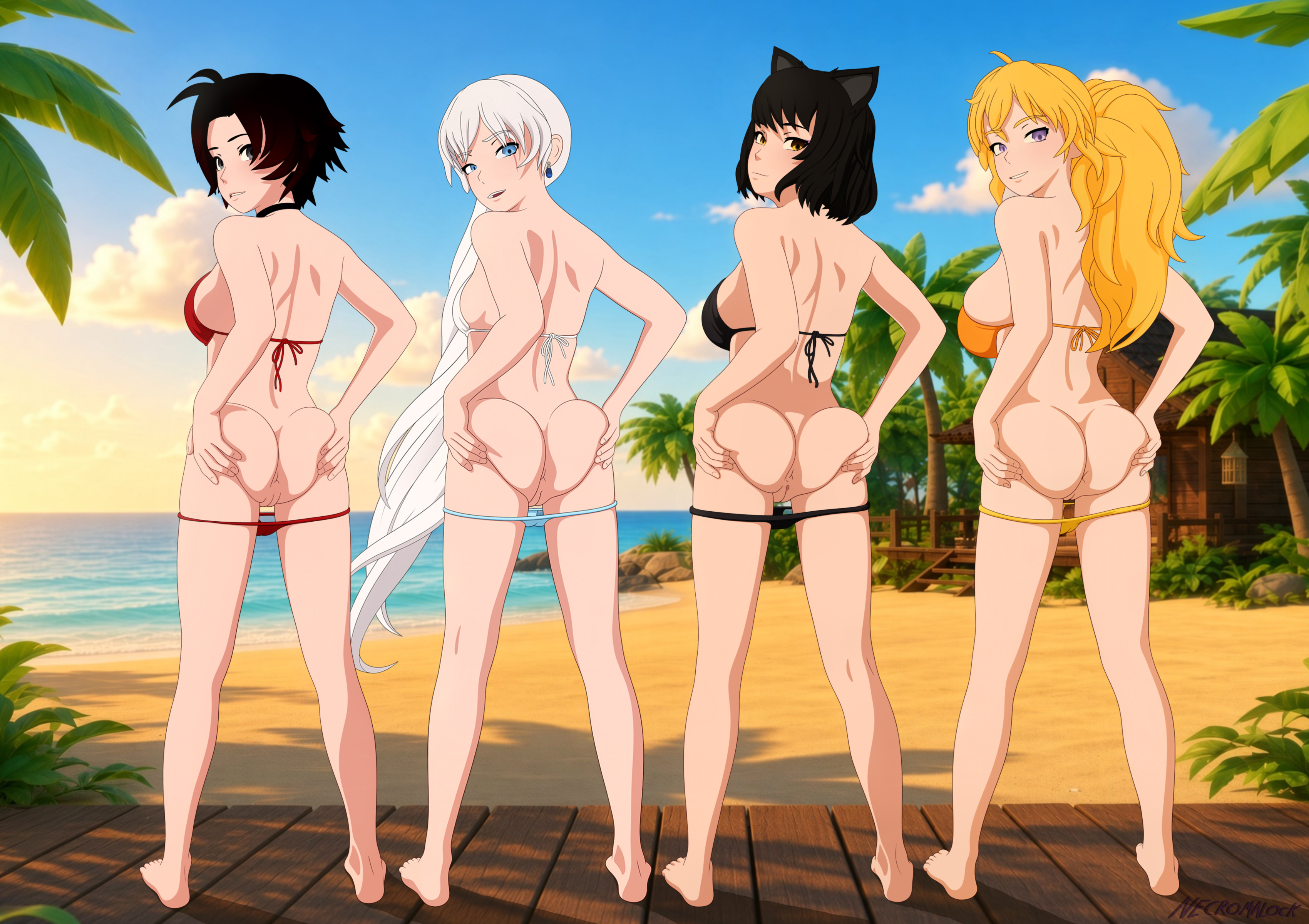 4girls, ass, ass focus, black hair, black hair female, blake belladonna, blonde female, blonde hair, blue eyes, half naked, half naked female, half-dressed, long hair, long hair female, necromalock, ponytail, purple eyes, ruby rose, rwby, silver eyes, team rwby, weiss schnee, white hair, white hair female, yang xiao long, yellow eyes