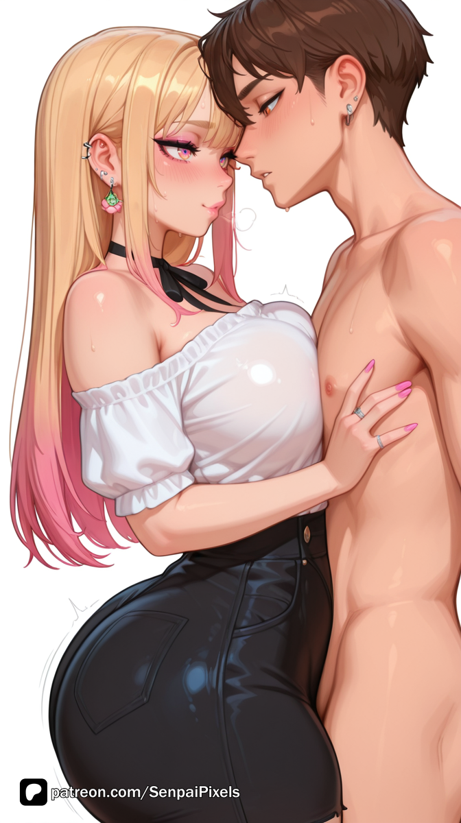 1boy 1girl ai_generated artist_name ass bangs bare_shoulders black_choker black_skirt blonde_hair blush breast_press breasts brown_hair choker clothed_female_nude_male ear_piercing earrings eye_contact from_side gradient_hair hetero high-waist_skirt jewelry kitagawa_marin large_breasts long_hair looking_at_another makeup marin_kitagawa multicolored_hair my_dress_up_darling nipples nude off-shoulder_shirt off_shoulder parted_lips patreon piercing pink_hair pink_nails questionable red_eyes ring senpai_pixels shirt short_hair simple_background skirt smile sono_bisque_doll_wa_koi_wo_suru sweat thighs white_background white_shirt