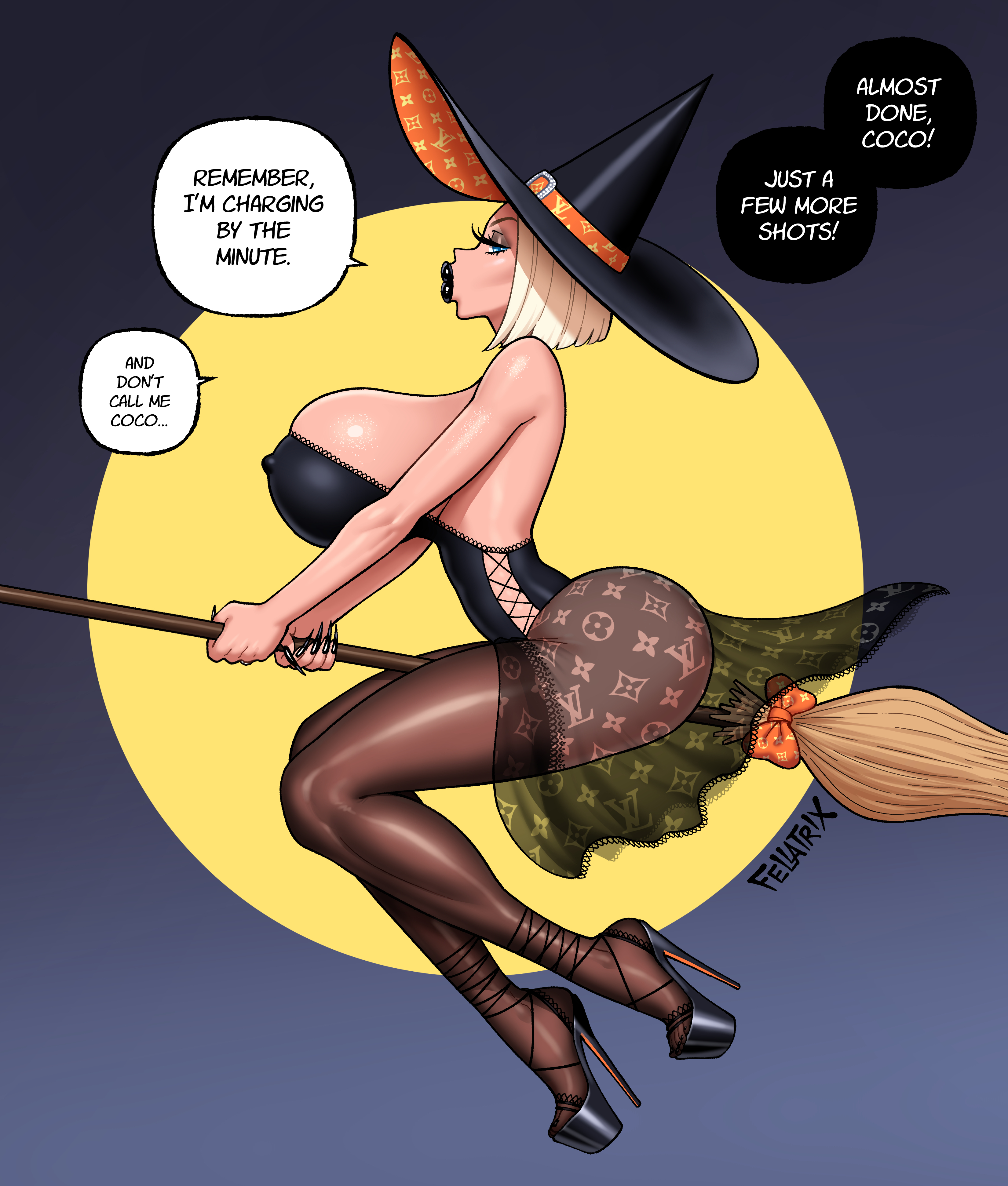 1girls, big breasts, bimbo, bimbo body, bimbo lips, black lipstick, blonde female, blonde hair, blue eyes, broom riding, courtney (fellatrix), curvy figure, english text, fellatrix, female, female only, halloween, heels, huge breasts, long fingernails, long nails, mature female, milf, skimpy clothes, voluptuous female, witch, witch broom, witch hat