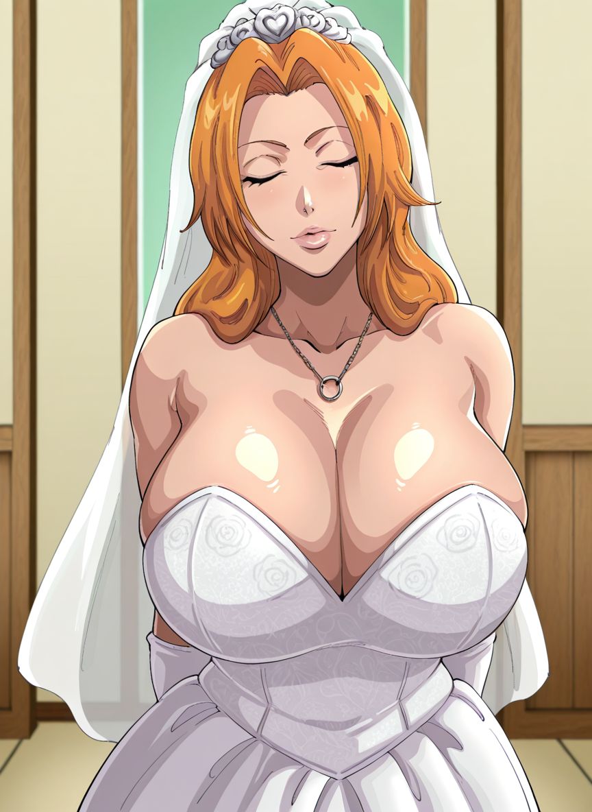 1girls, ai generated, big breasts, bleach, bleach: the thousand-year blood war, cleavage, closed eyes, curvy, curvy body, curvy female, curvy figure, female, female only, gloves, huge breasts, imminent kiss, kyoru189, large breasts, light skin, light-skinned female, long hair, matsumoto rangiku, mature female, milf, necklace, orange hair, seductive, seductive pose, shiny, shiny skin, solo, solo female, standing, wedding dress