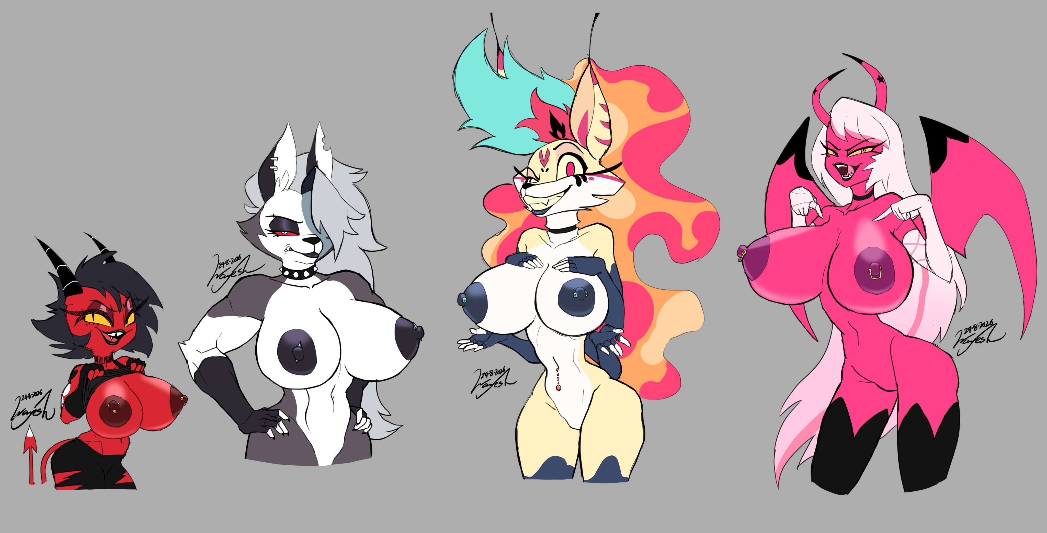 2026, 2d, 2d (artwork), 2d artwork, 4girls, anthro, areola, areolae, bangs over eyes, belly button piercing, big breasts, black fur, black hair, black nipples, breasts, canid, canine, canis, demon, demon girl, demon horns, digital art, digital drawing (artwork), digital media (artwork), flashing, flashing breasts, furry, furry female, hellhound, helluva boss, imp, loona (helluva boss), millie (helluva boss), multicolored hair, muscles, muscular, muscular female, mythology, naked, naked female, nipple piercing, nipples, nude, nude female, piercing, piercings, pink hair, pink hair female, pink skin, presenting, presenting breasts, pussy, queen bee-lzebub (helluva boss), red sclera, tagme, two-tone fur, vagina, verosika mayday (helluva boss), vivienne medrano, vivziepop, vulva, wayesh, white fur, white hair, white hair female, wings, wolf, wolf ears, wolf girl, wolf tail, yellow fur, yellow sclera