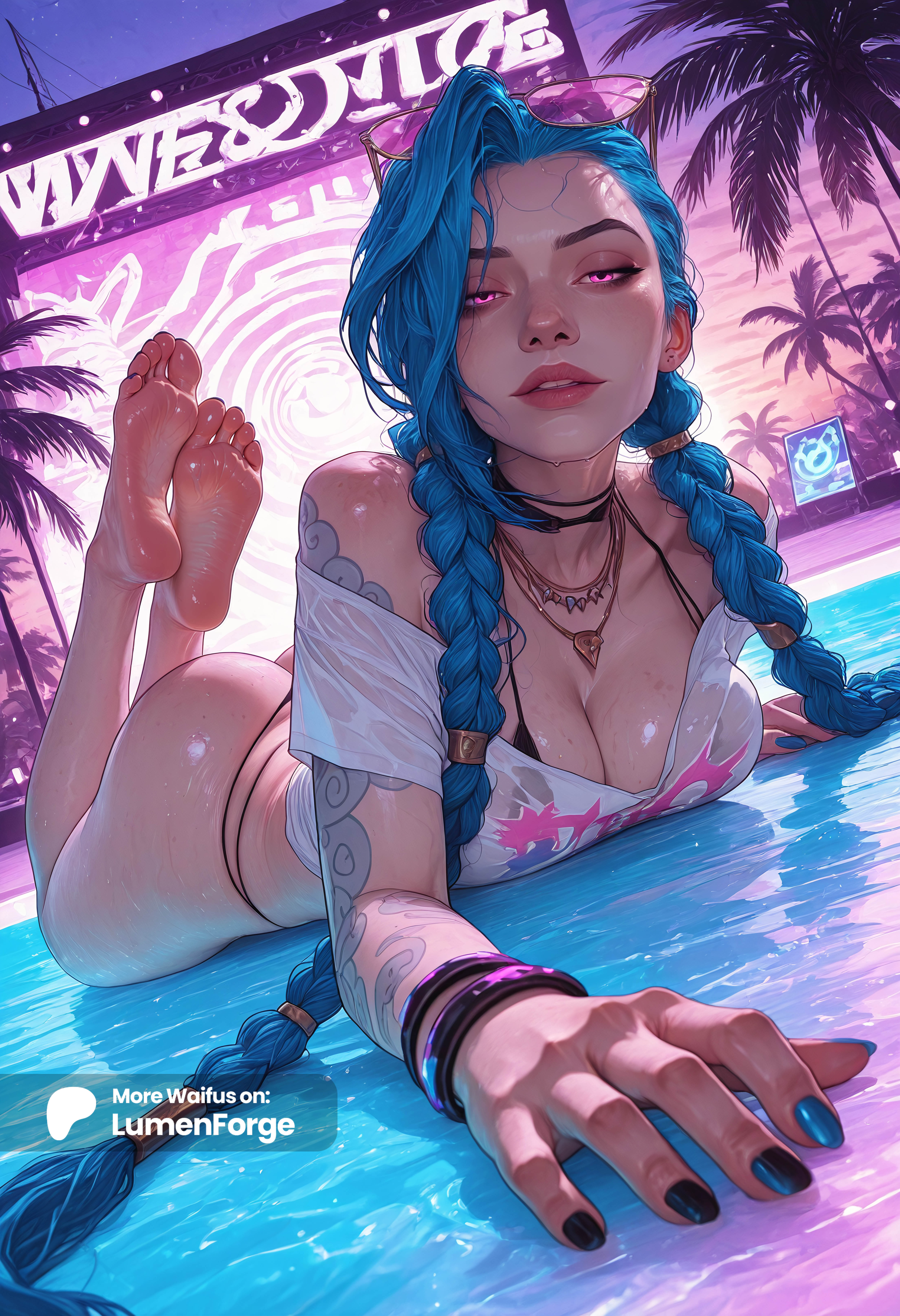 1girl, 1girls, ai generated, alternate breast size, alternate costume, animal ears, arcane, arcane jinx, arm tattoo, artist name, ass, bare legs, bare shoulders, barefoot, beach, bikini, bikini under clothes, biting own lip, black bikini, black choker, black nails, blue hair, blue nails, bracelet, braid, breasts, character name, choker, cleavage, collarbone, dutch angle, english text, eyewear on head, feet, feet up, fingernails, foot focus, foreshortening, full body, half-closed eyes, heart, hi res, instagram logo, jewelry, jinx (league of legends), large breasts, league of legends, legs, legs up, lips, long hair, looking at viewer, lumenforge, lying, medium breasts, nail polish, naughty face, necklace, nose, off shoulder, off-shoulder shirt, on stomach, outdoors, palm tree, parted lips, patreon logo, patreon username, pink eyes, pixiv logo, pool, realistic, riot games, see-through, see-through shirt, shirt, smile, soles, solo, sunglasses, swimsuit, tattoo, the pose, thighs, thong bikini, toenail polish, toenails, toes, tree, twin braids, twintails, twitter logo, twitter username, very long hair, water, watermark, web address, wet, wet clothes, wet shirt, white shirt